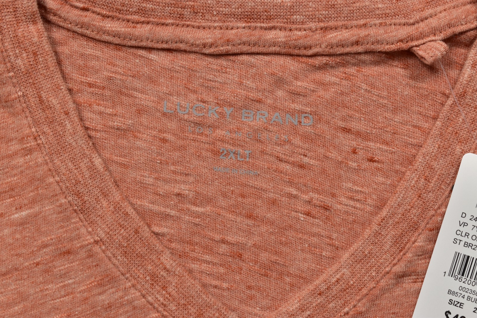 Lucky Brand Men’s T Shirt V Neck Short Sleeve Orange Linen Blend Size 2XLT NEW