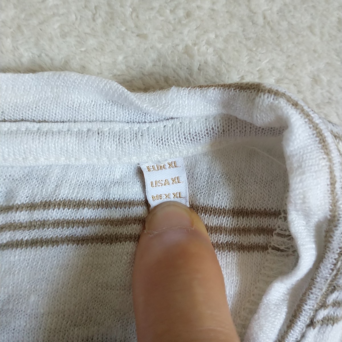 Porter & Ash T Shirt XL/L*White Green Olive Striped 100%Linen Crew Neck Neutral