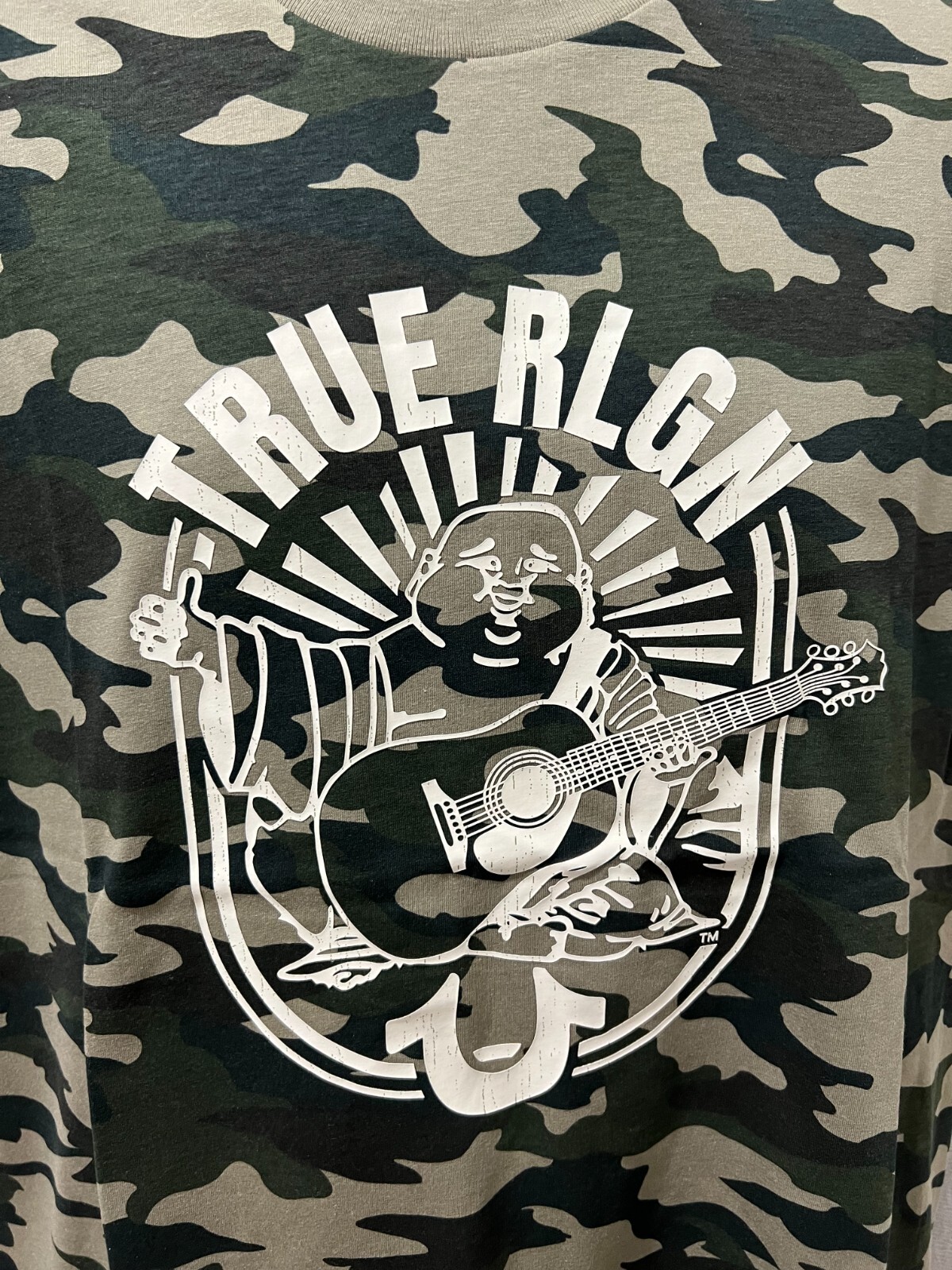 True Religion Men’s Size L Green Camo Arch Logo Crew Neck Tee $69 NWT #106190