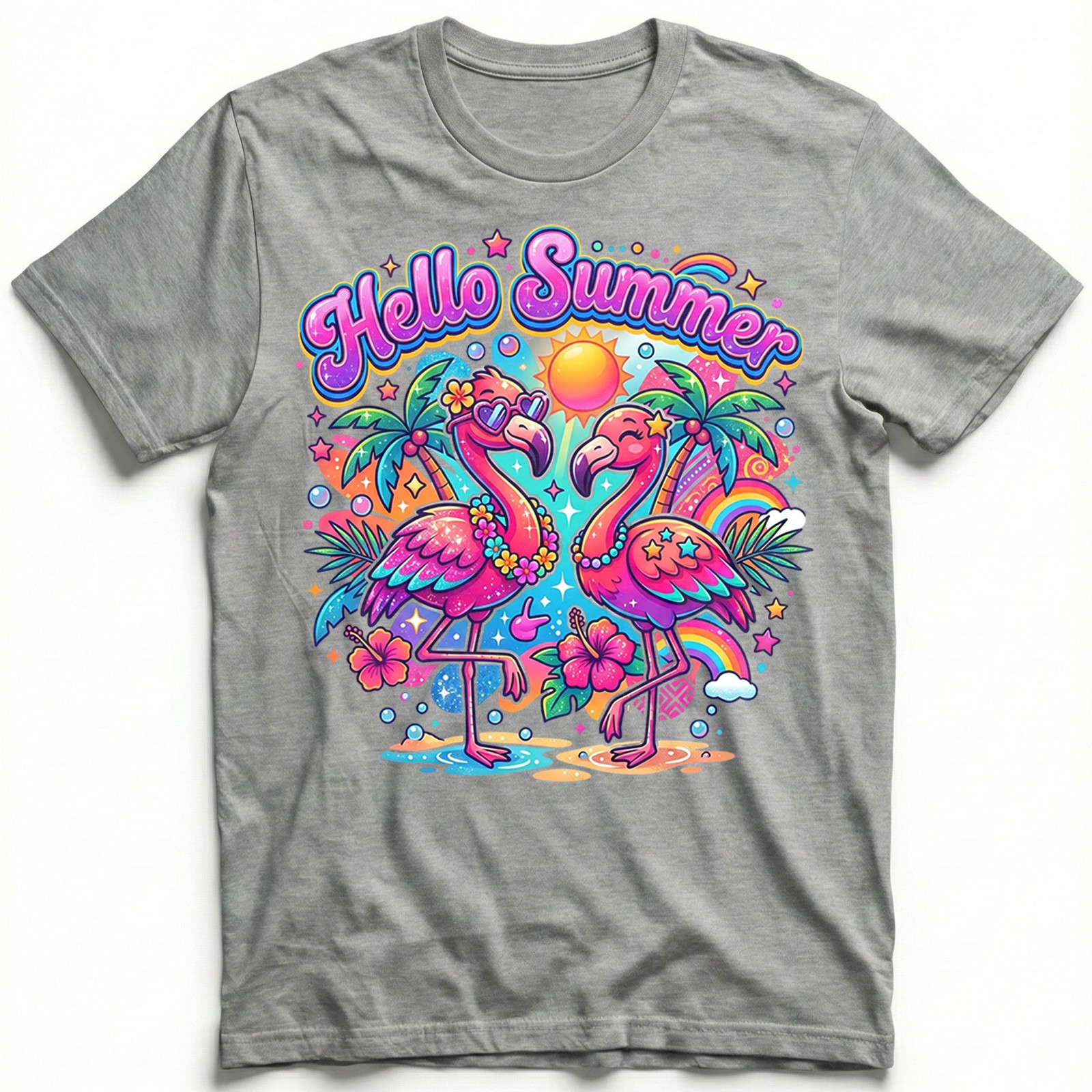 Hello Summer Tropical Flamingo T-Shirt Retro Neon Beach Vacation Holiday Tee