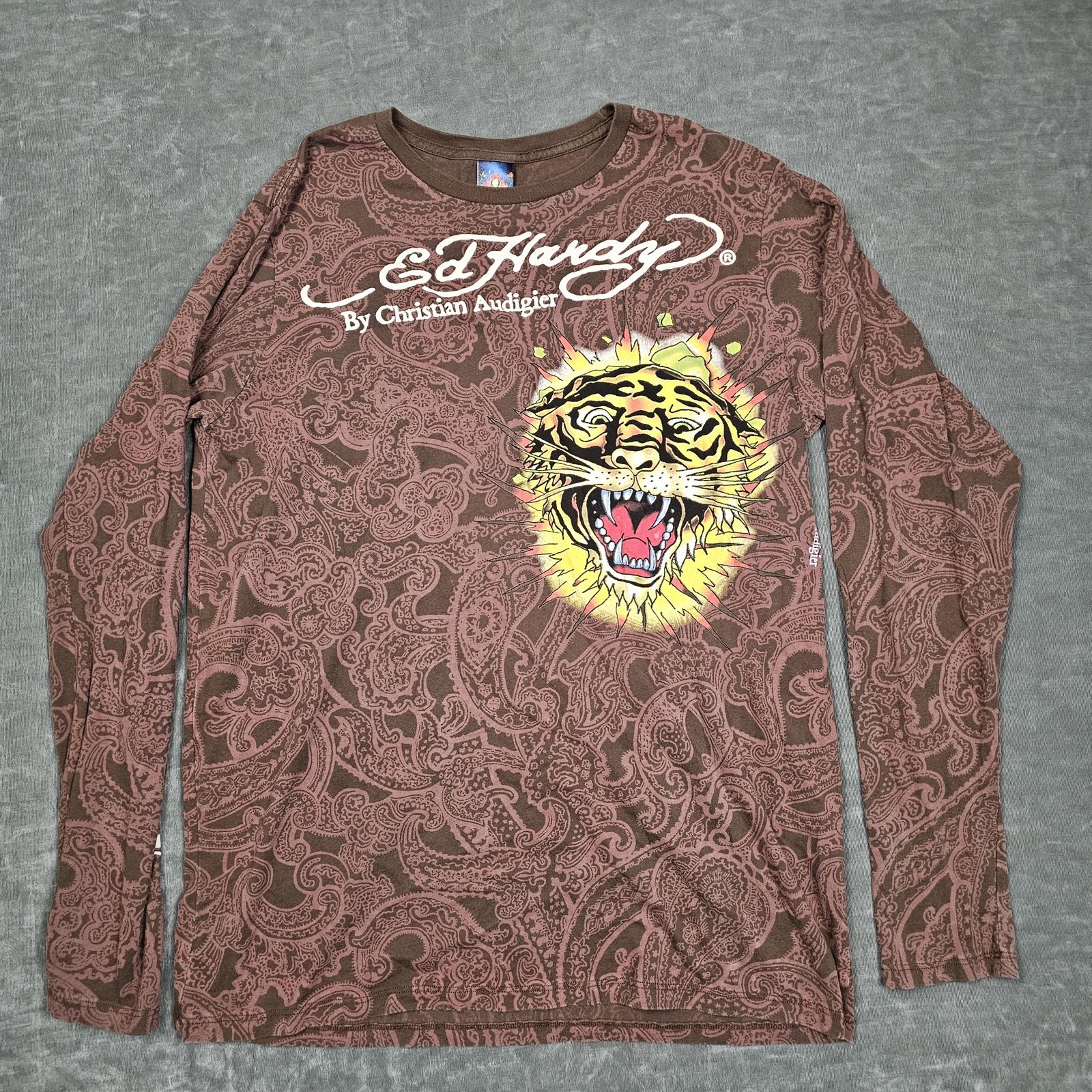 Ed Hardy Shirt Mens XL Brown Long Sleeve Tiger Skull Tattoo Graphic Tee Paisley