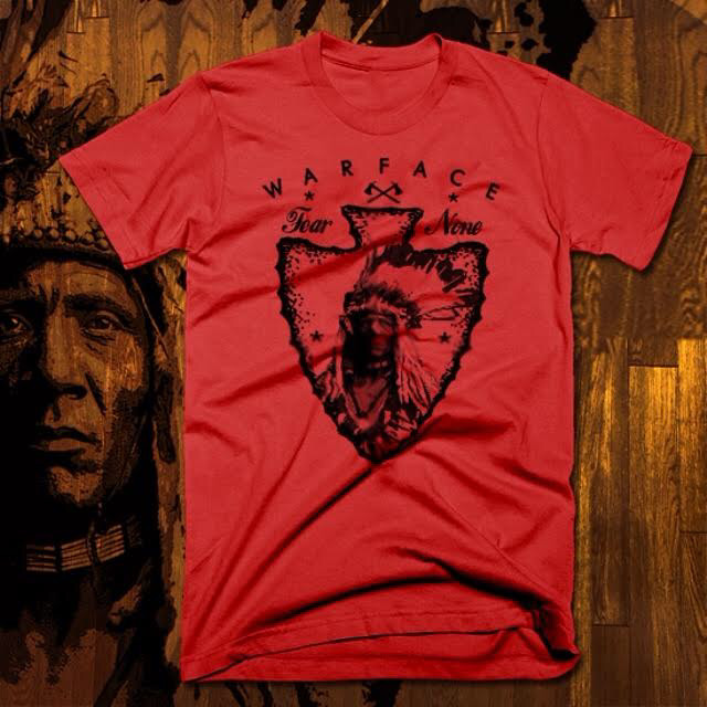 Native American Indian T-Shirt Warrior Chief Skull With Headress, Tomahawk red