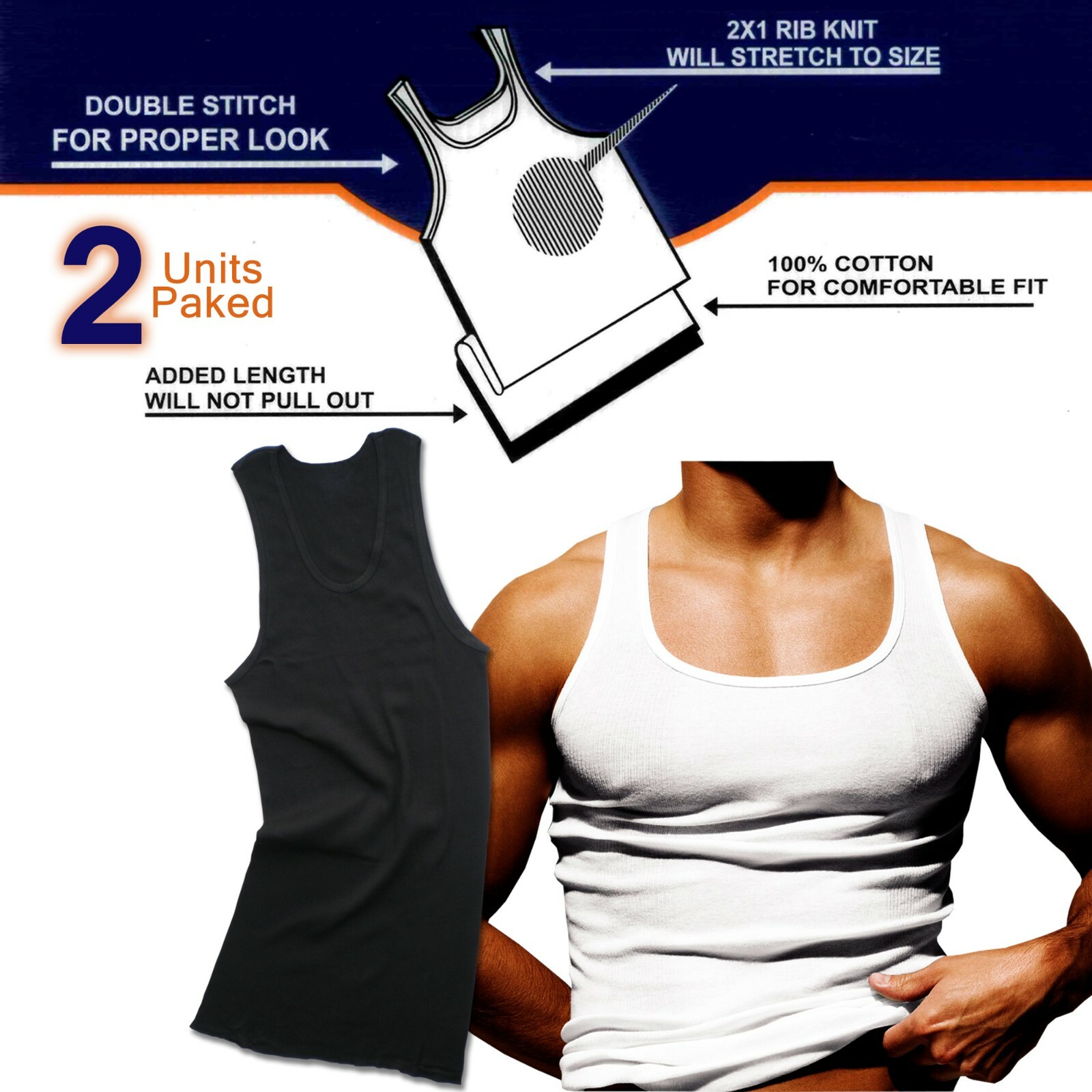 2 Pack New Men’s A-Shirts Cotton Ribbed Tank Top Wife Beater Muscle Undershirts