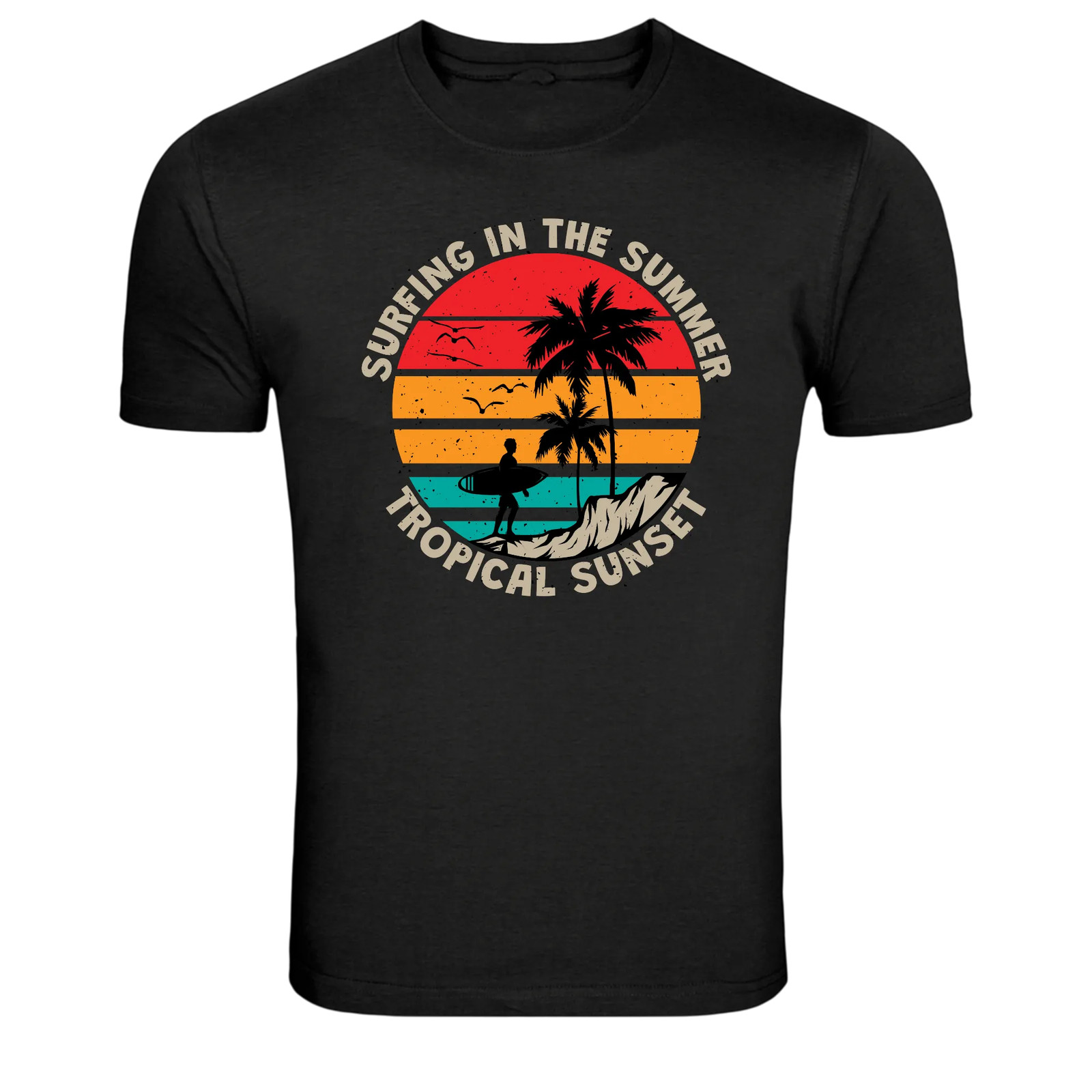 Surfing In The Summer Tropical Sunset Graphic T Shirt Beach Tee