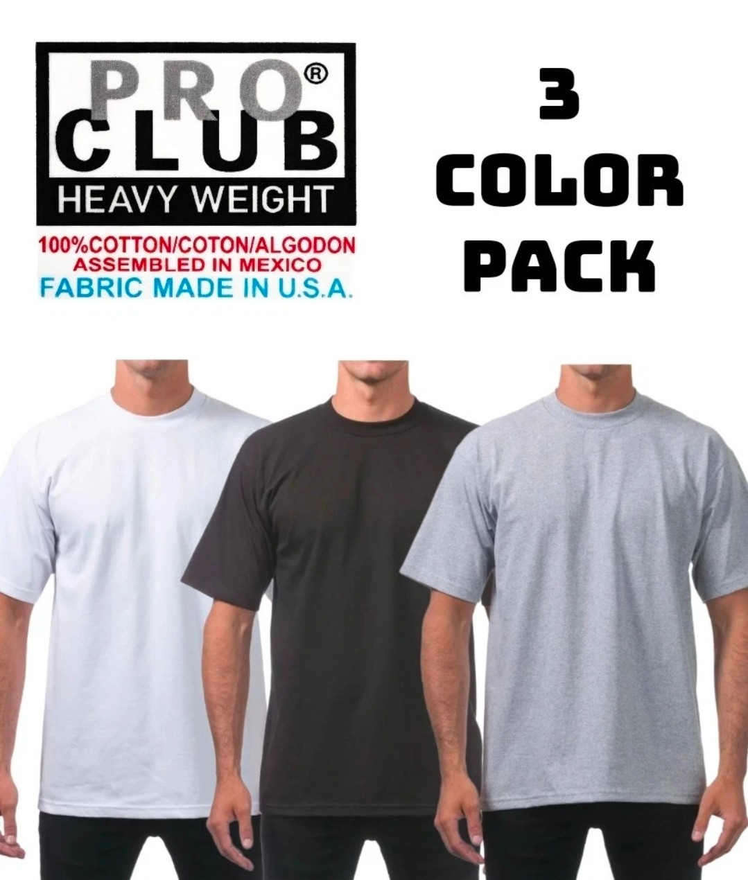 3 PACK PRO CLUB MENS HEAVYWEIGHT TEE SHIRT PLAIN SHORTH SLEEVE PROCLUB M – L