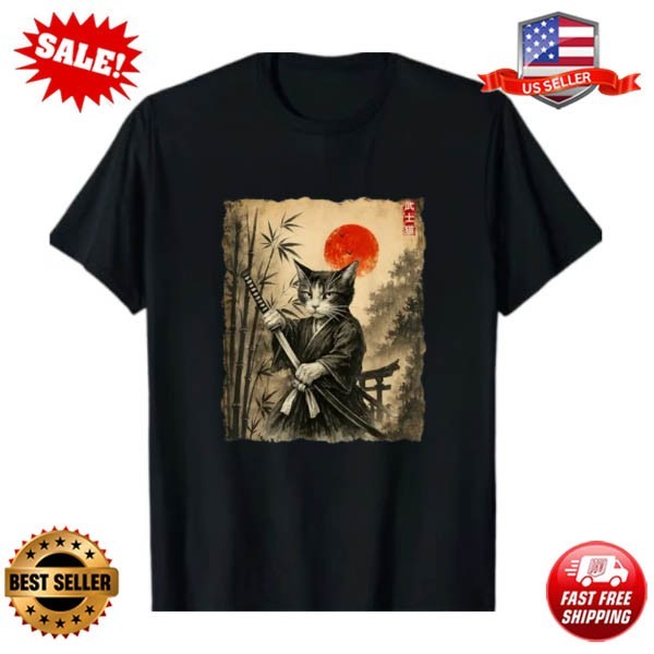Samurai Cat Japanese Art Funny Graphic Tee T-Shirt