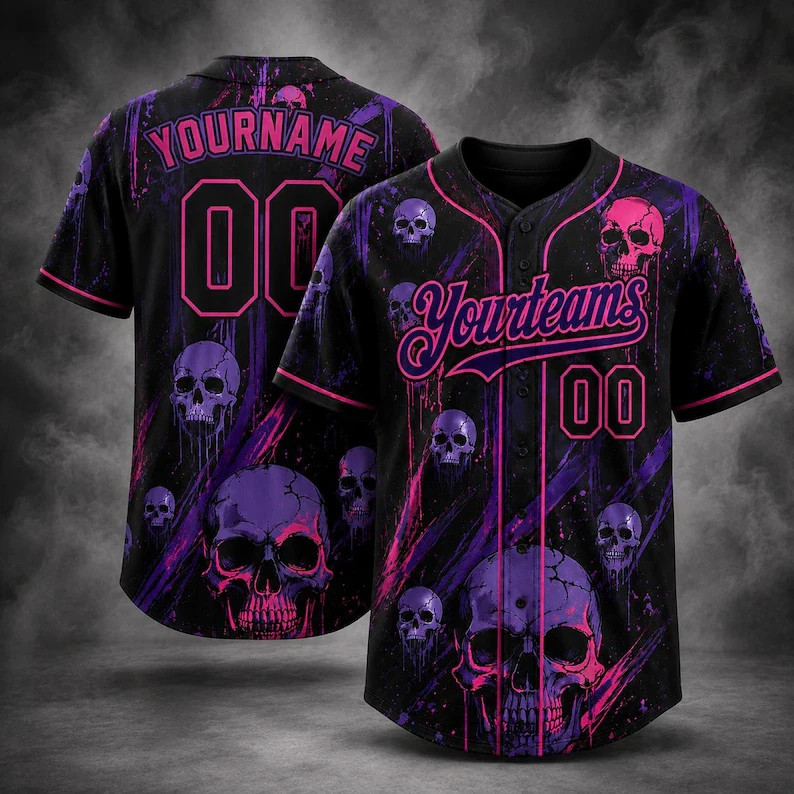 Personalized Gothic Skeleton Head Halloween Baseball Shirt Youth & Adult Sizes