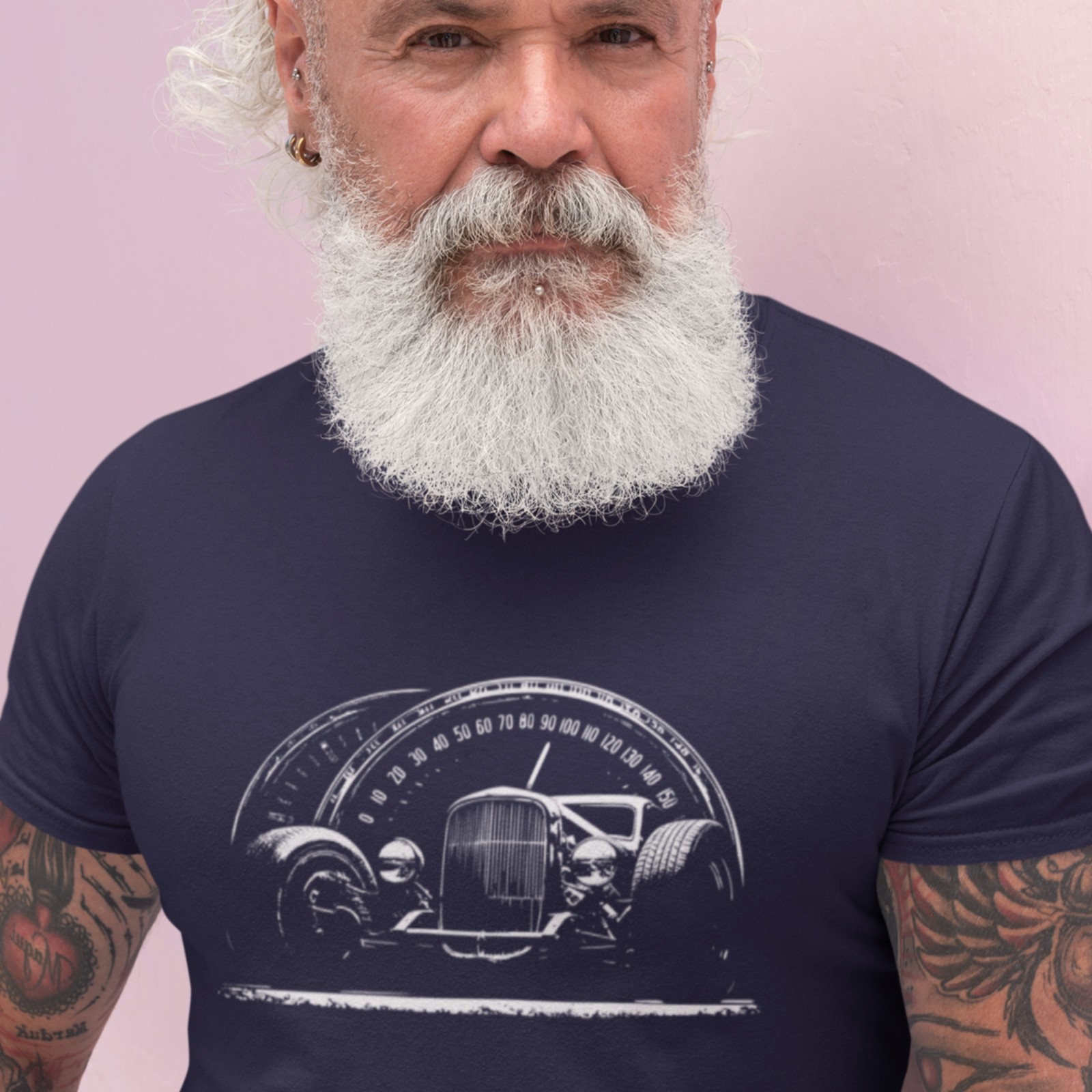 Classic car shirt featuring 30’s-era hot rod with speedometer background