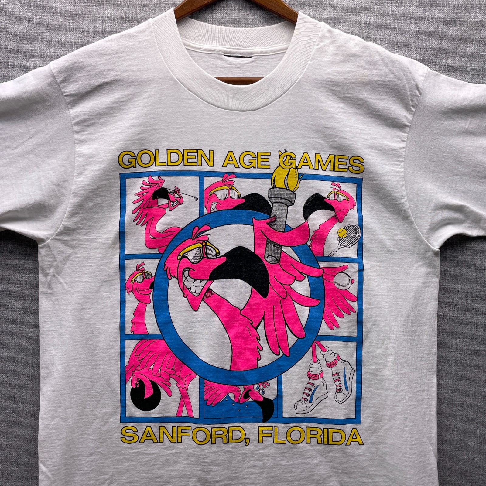 Vtg Flamingo Sanford Florida Graphic Mens M T Shirt Bright Pink Golden Age Games