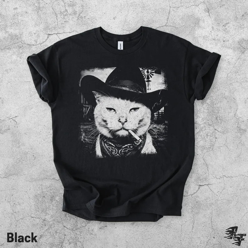 Western Outlaw Cat Cowboy Hat Comfort Tee Funny Animal
