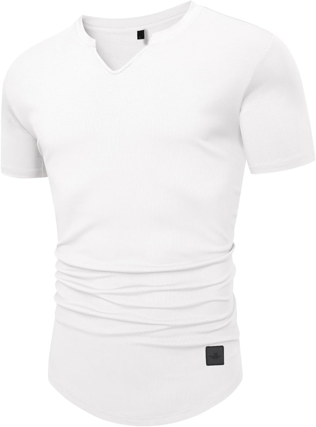Muscle Fit V Neck T Shirt Men Casual Ribbed Short Sleeve Longline Henley S