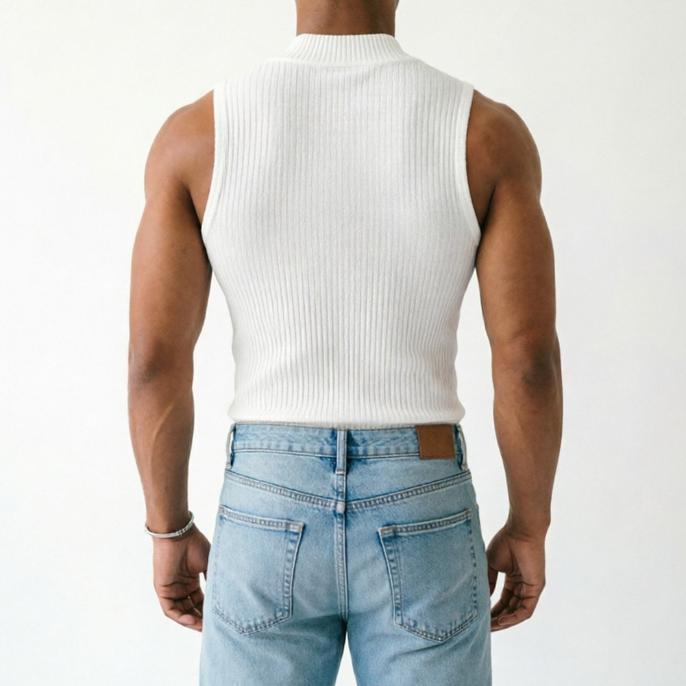 Men Ribbed Sleeveless Tank Top with Half Turtleneck Neckline Casual Vest