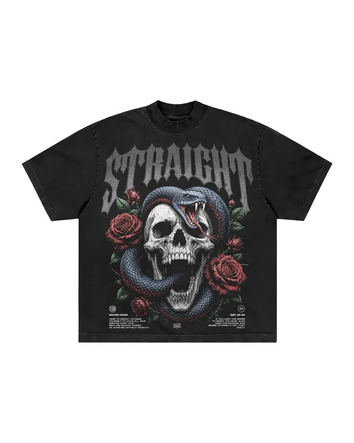 Men’s Vintage Washed Graphic T-Shirt Skull Snake Rose Print Streetwear Tee