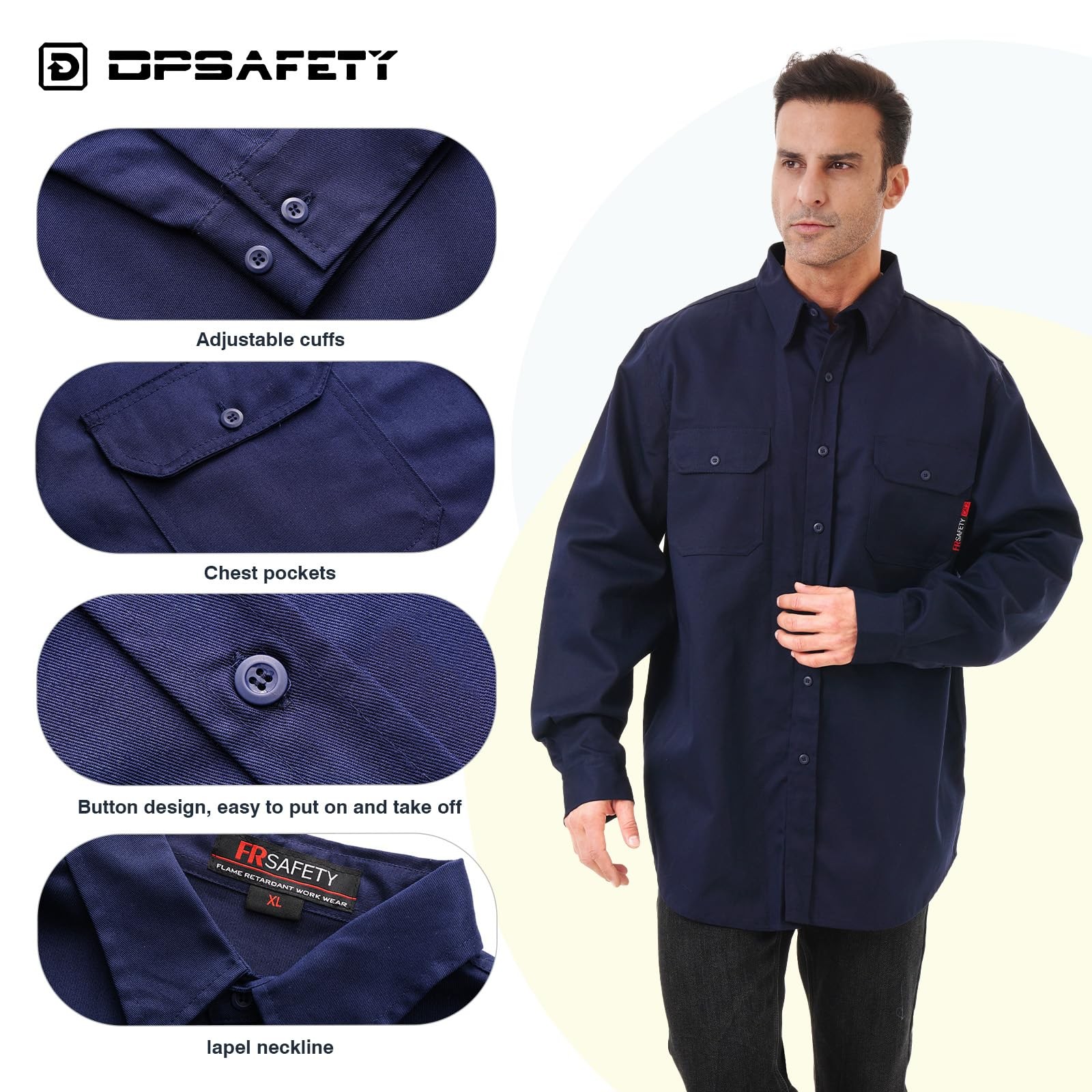 Men FR Shirt 7oz Fire Resistant CAT2 Welding 100% Cotton Navy 2XLarge