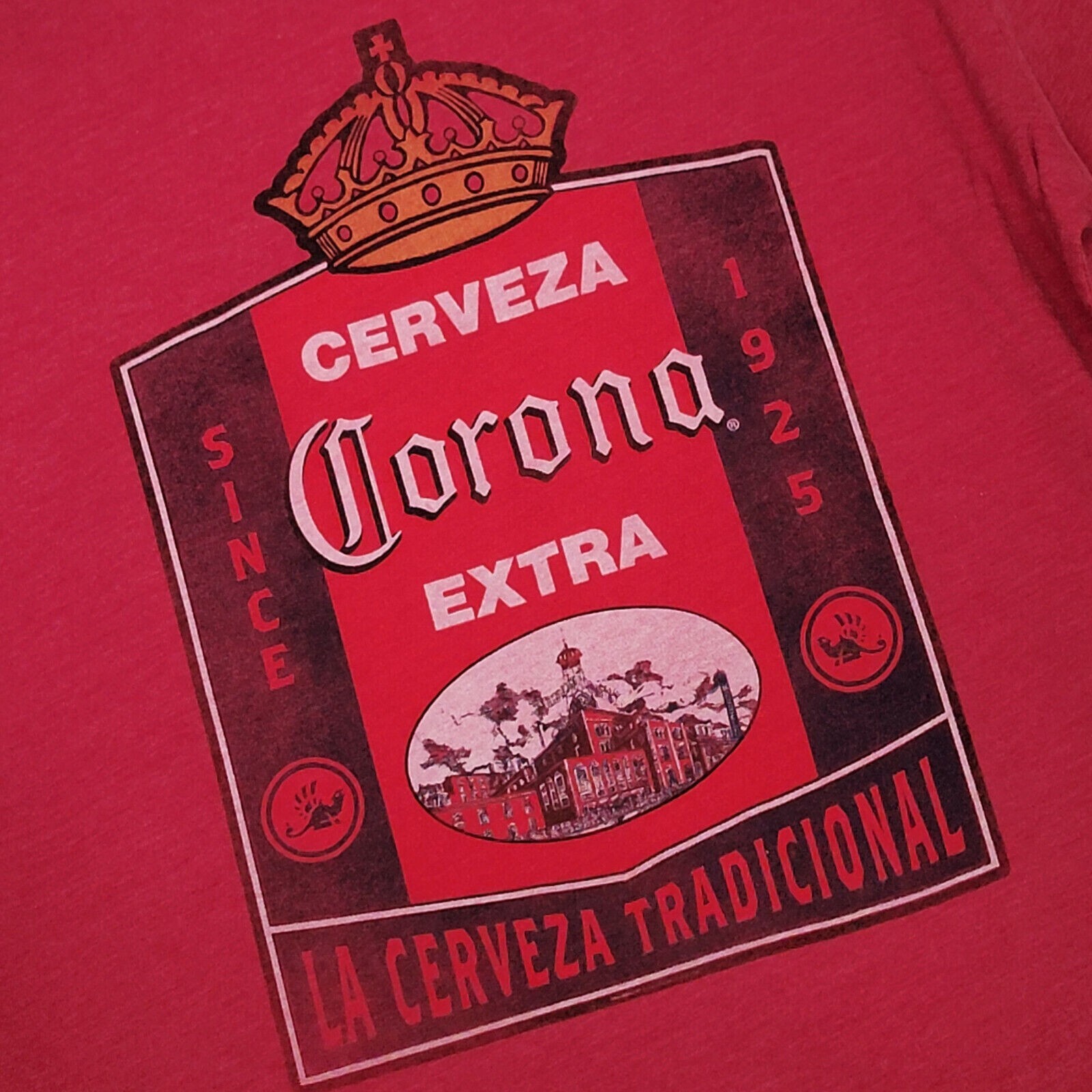 Lucky Brand Corona Beer Shirt Mens Large RED Casual Mexican Lager Distressed NWT