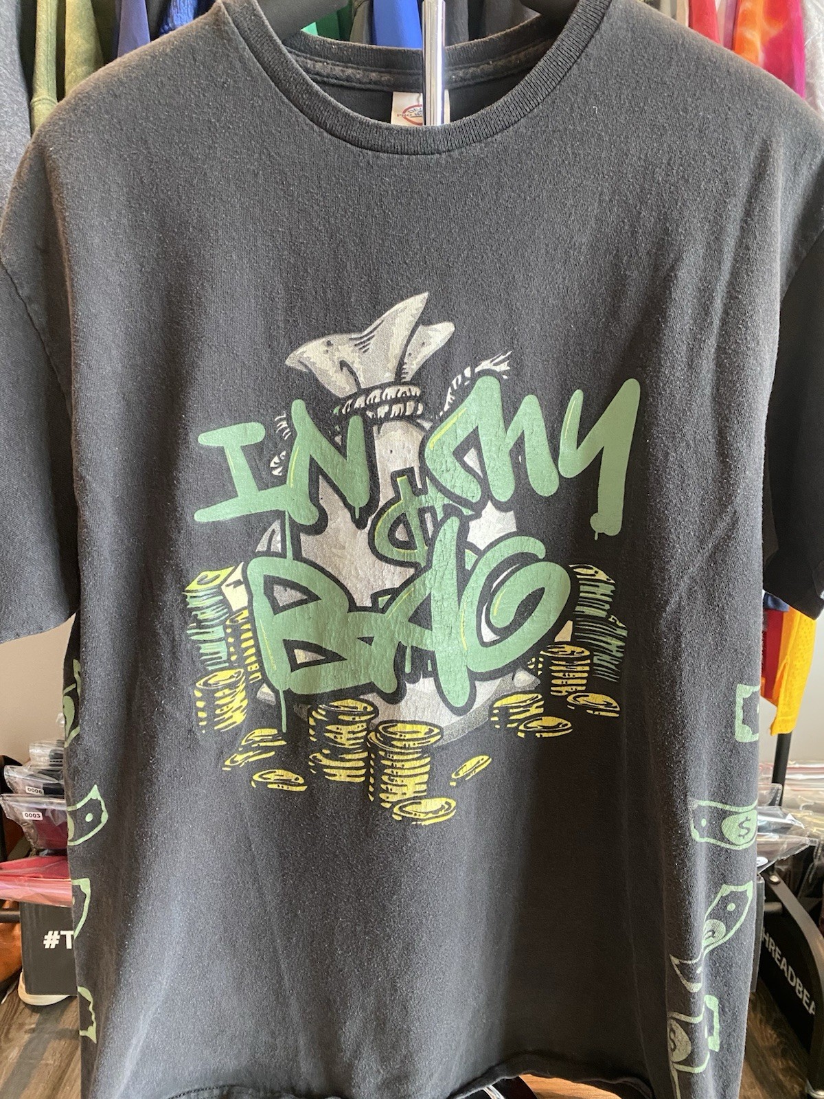 Vintage Y2K In My Money Bag Funny Graphic Black Short Sleeve T-Shirt Size L