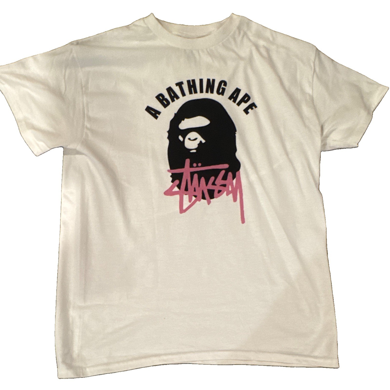 A Bathing Ape x Stussy Men’s M White Ape Head Graphic Logo Crew Neck Tee