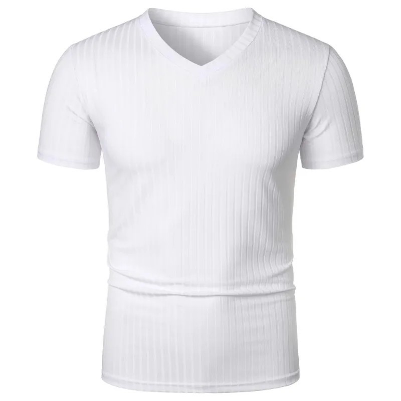 Summer Men Muscle V-Neck T-Shirt Ribbed Stretch Workout Gym Streetwear Tee Gift