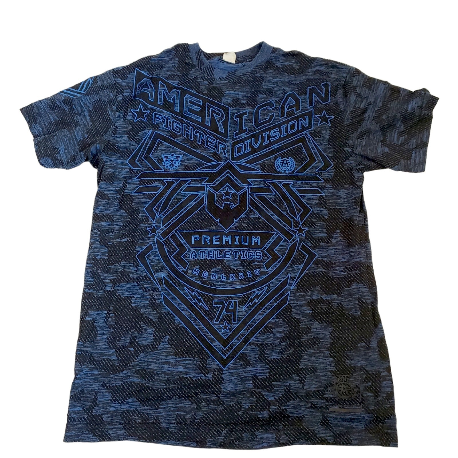 VTG 90s American Fighter Blue Black Training T Shirt Fitted Semi-sheer UFC MMA