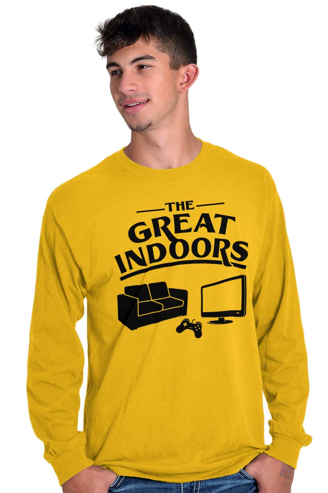 Funny Video Game The Great Indoors Introvert Mens Long Sleeve Crew Neck T Shirt