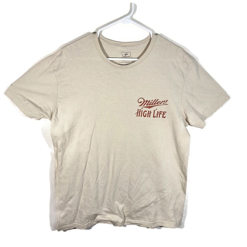 Miller High Life Beer Graphic Tshirt Mens L Short Sleeve Crew Neck Beige Cotton
