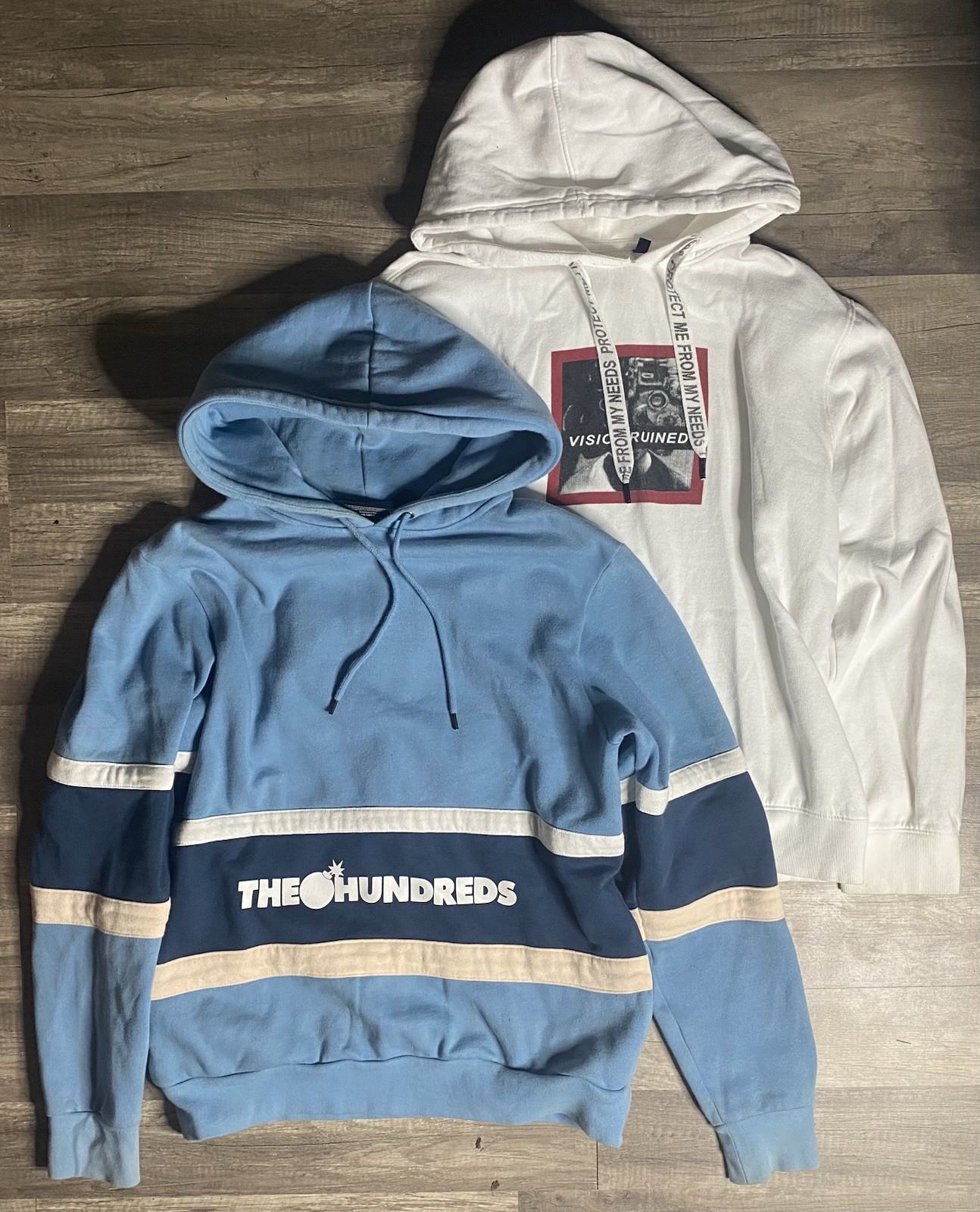 2 Large Graphic Hoodies 100% Cotton White And Blue The Hundreds