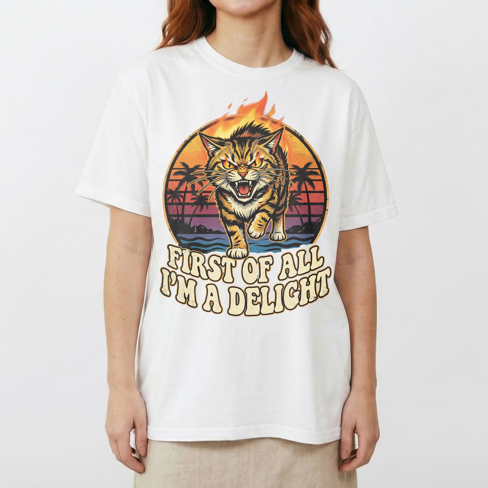 Angry Tiger Fire Eyes Tropical Beach Tee Retro Sunset Palm Trees T-Shirt