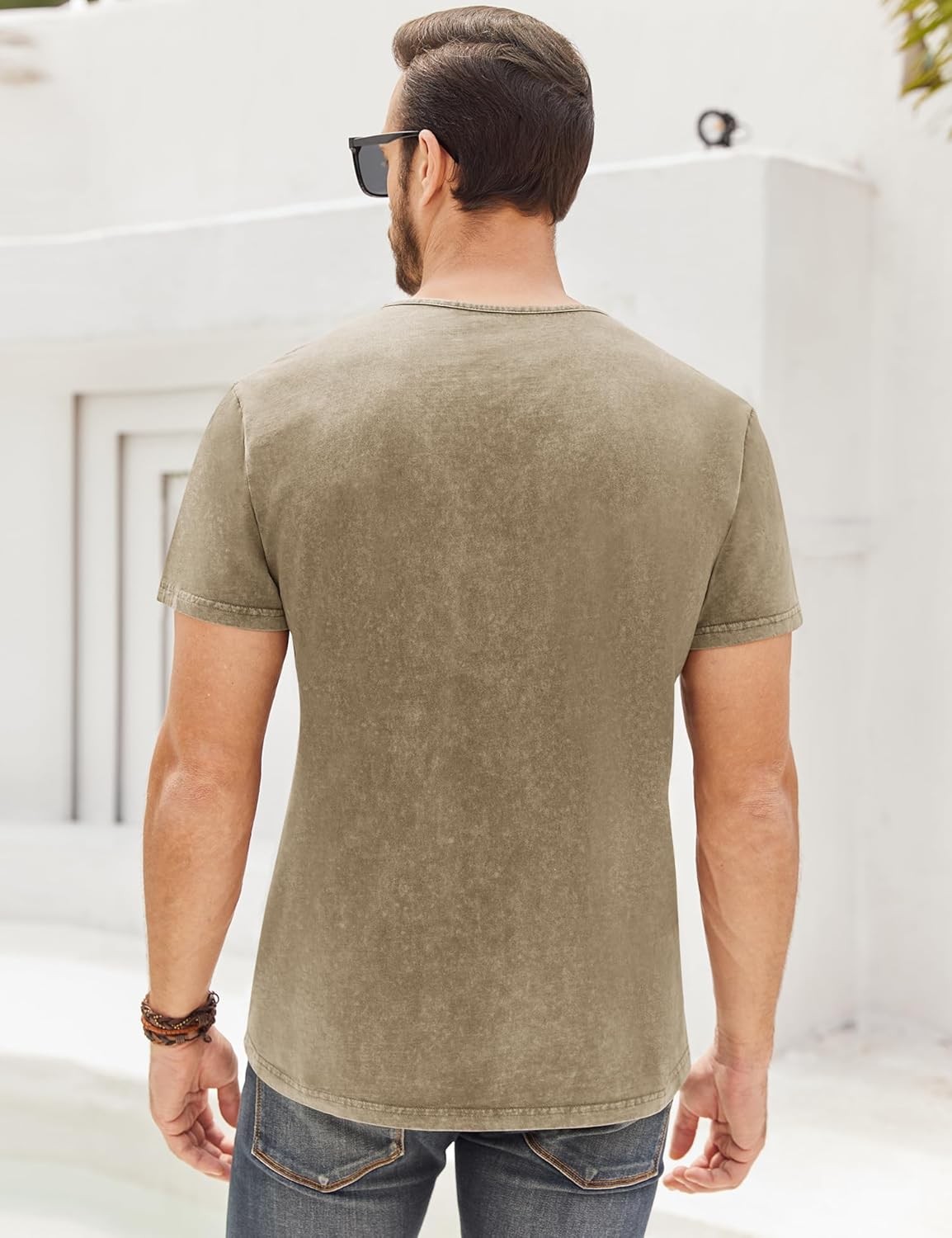 Mens Distressed Henley Shirt Short Sleeve Retro Washed Casual Slim Fit Tee