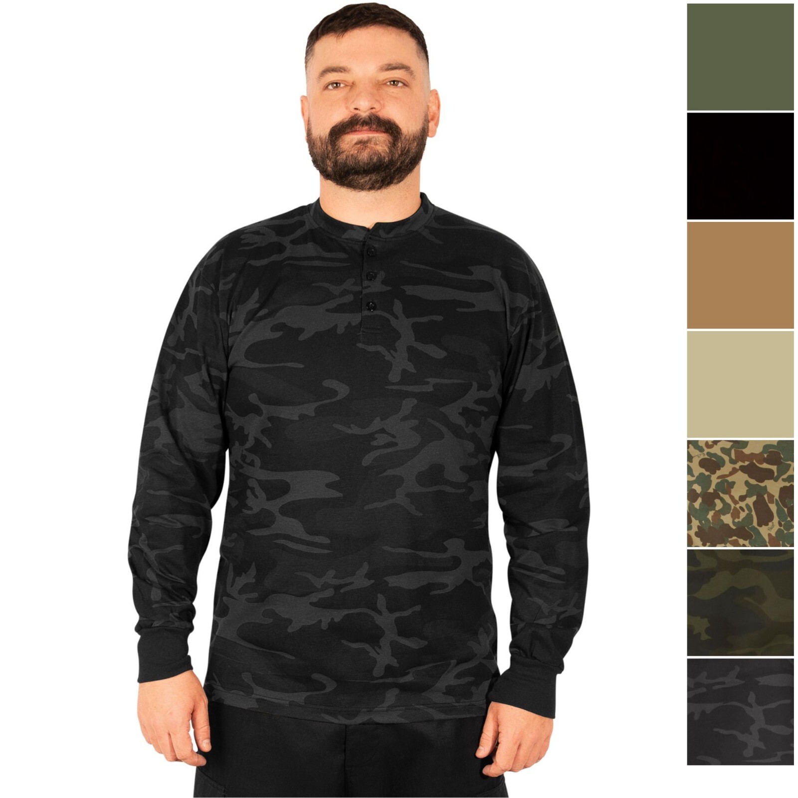 Mens Long Sleeve Henley T-Shirt Round Neck Military Shirt with Reinforced Seams