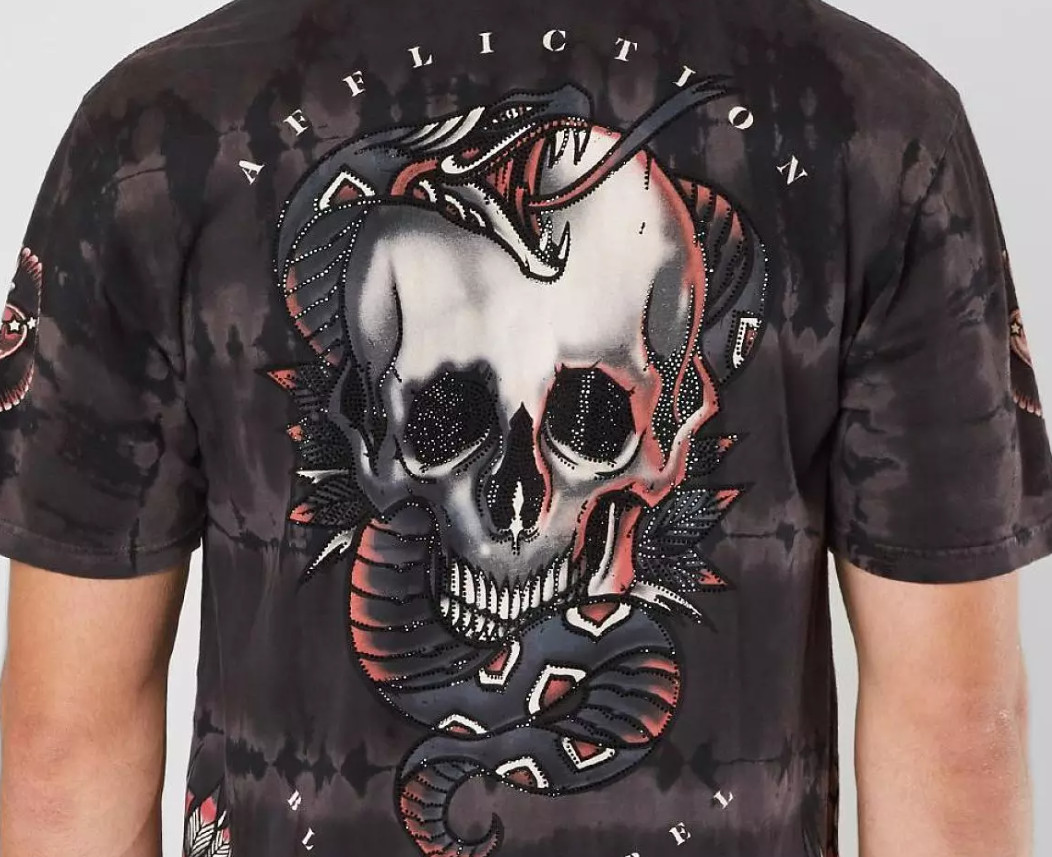 $58 AFFLICTION Black VENOM KILLS Rhinestones Short Sleeve Slim Fit Y2K T-shirt
