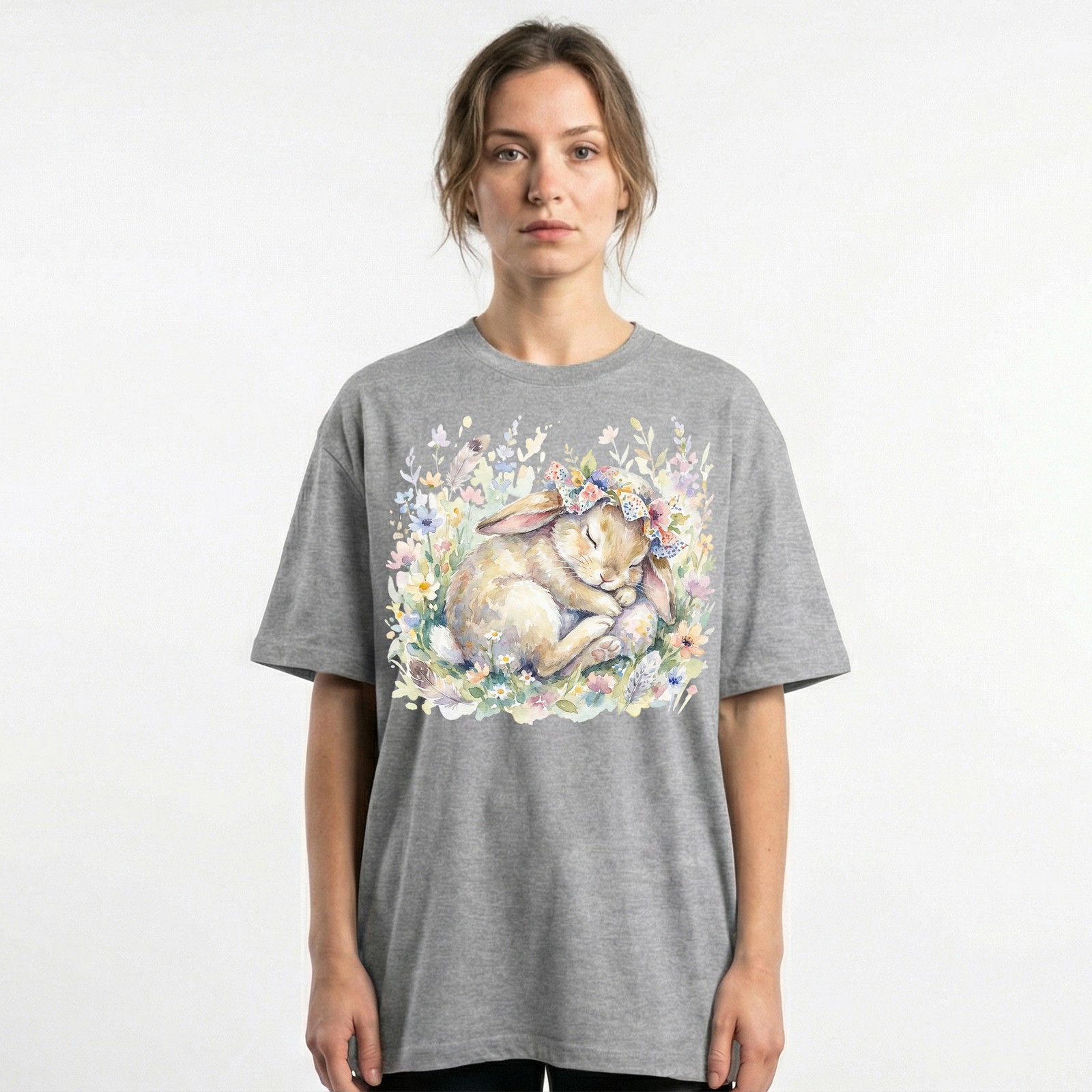 Cute Easter Bunny Floral Watercolor Spring T-Shirt Animal Pastel Holiday Tee