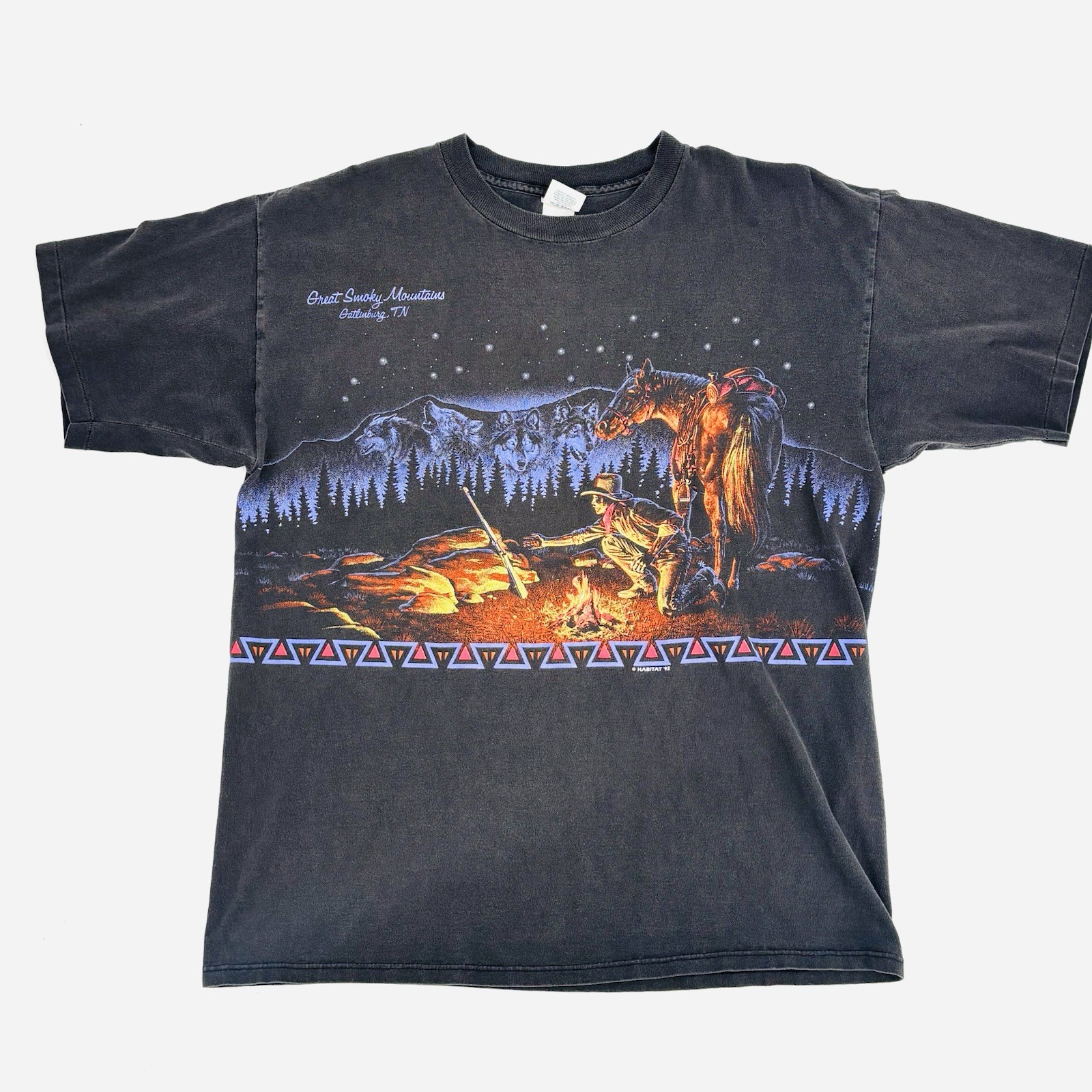 Vintage Western Cowboy Wolves Shirt Mens XL Double Sided USA Black Graphic 90s