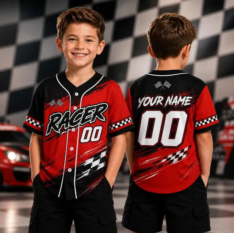 Custom Racing Flag Red Black Checkered Baseball Jersey Name Number