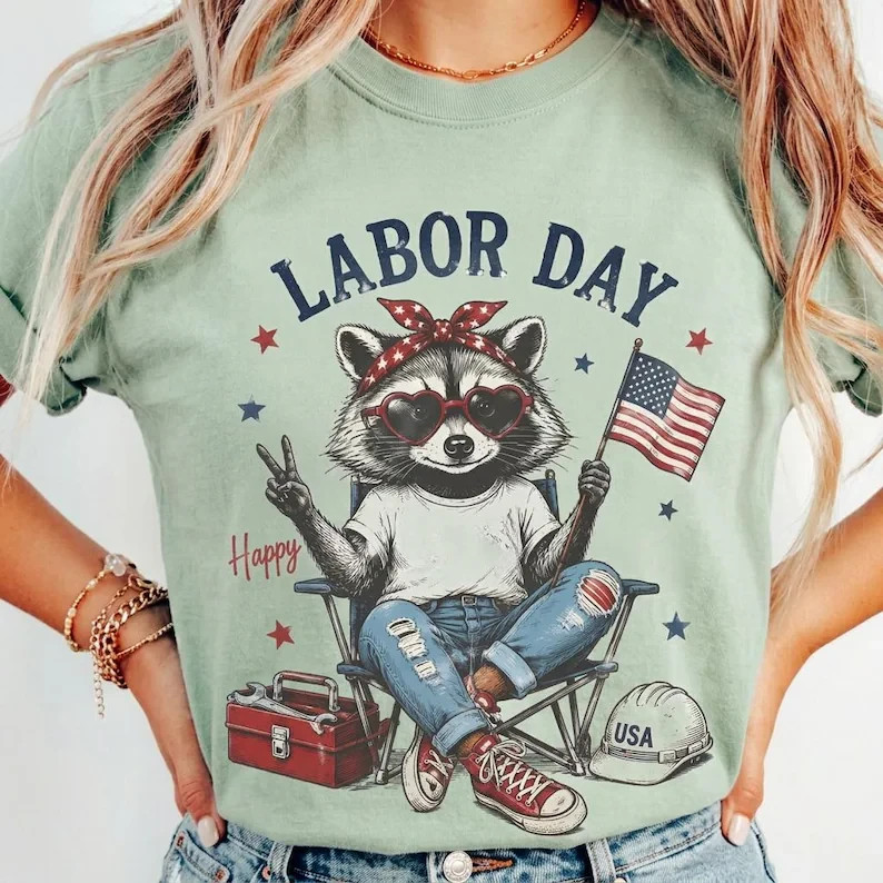 Happy Labor Day Shirt Cute Raccoon American Flag Patriotic Holiday Graphic Tee