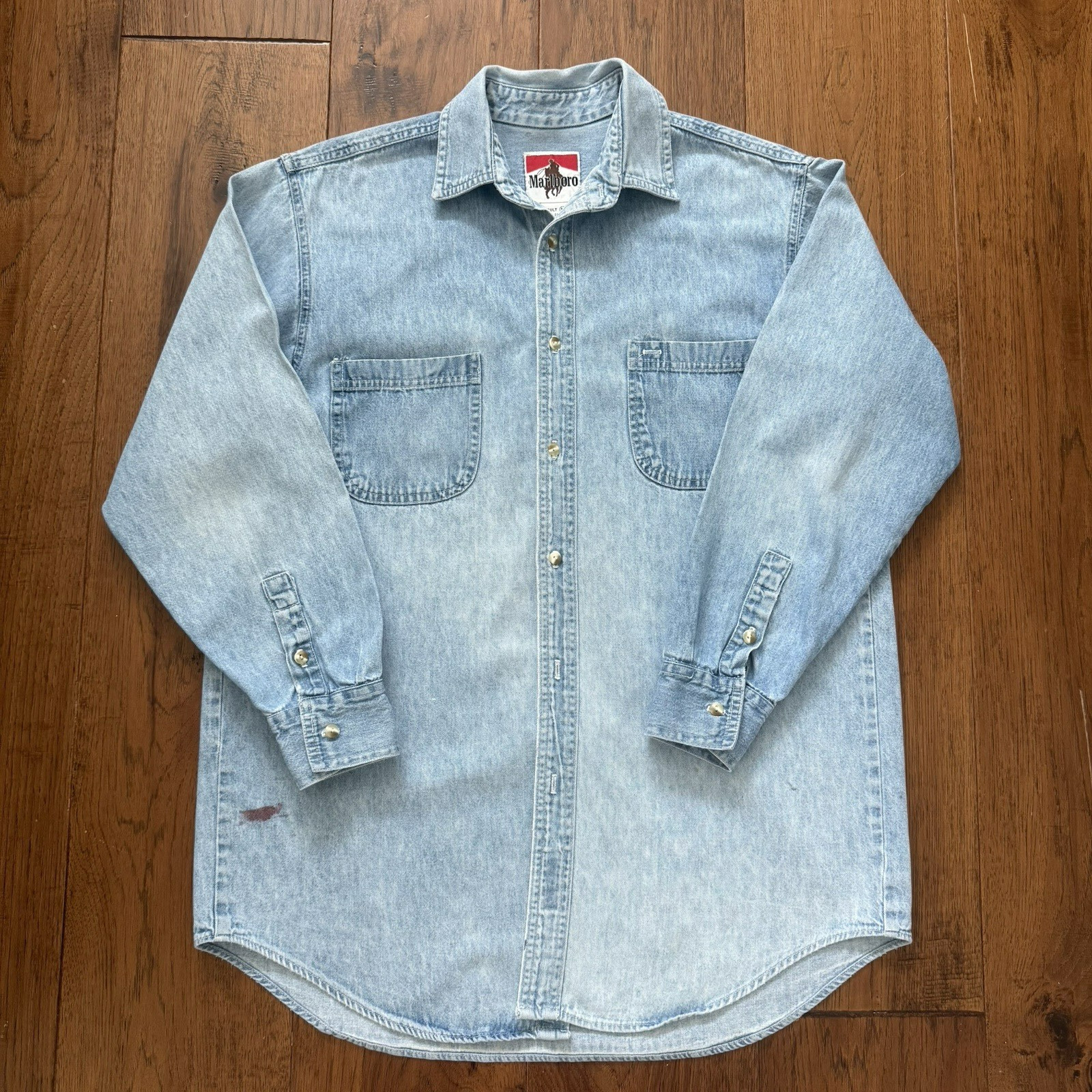 MARLBORO Denim Shirt Adult M Red VTG Logo Light Wash Classic Distressed Workwear