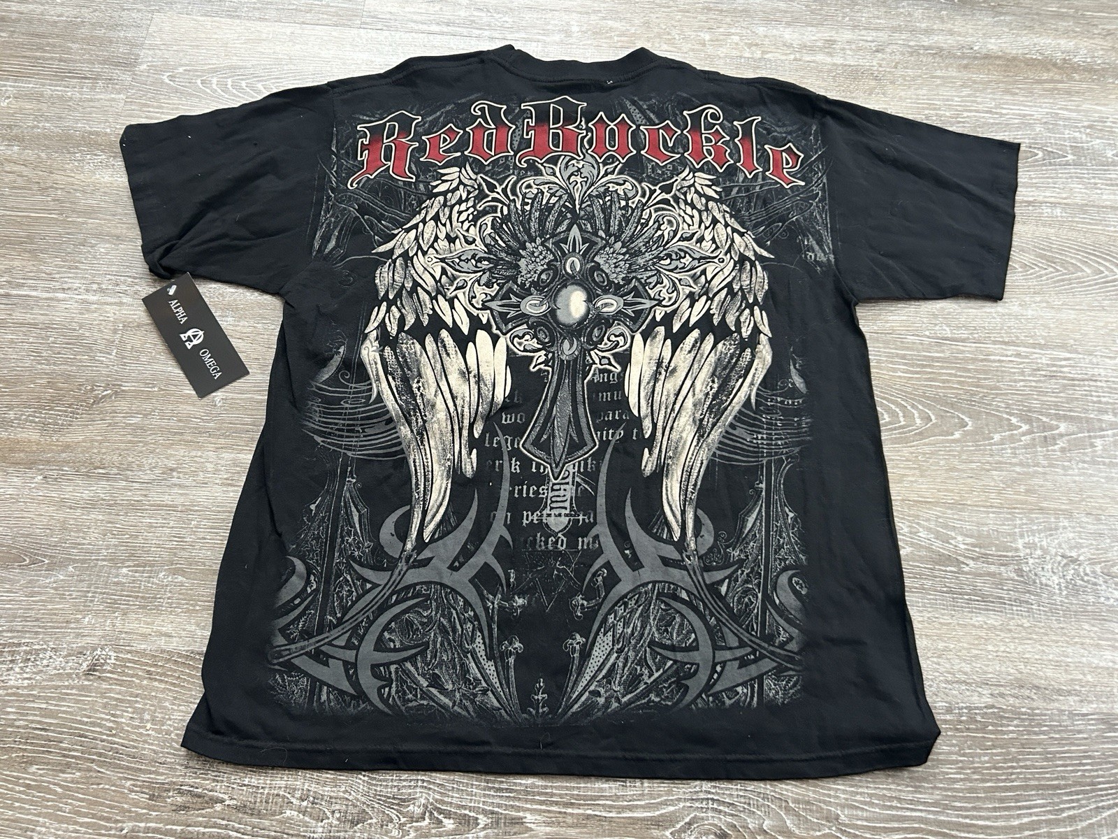 UP2U NEW T Shirt Gothic Wings Graphic Grunge Cross XL AOP Red Buckle USA Tribal