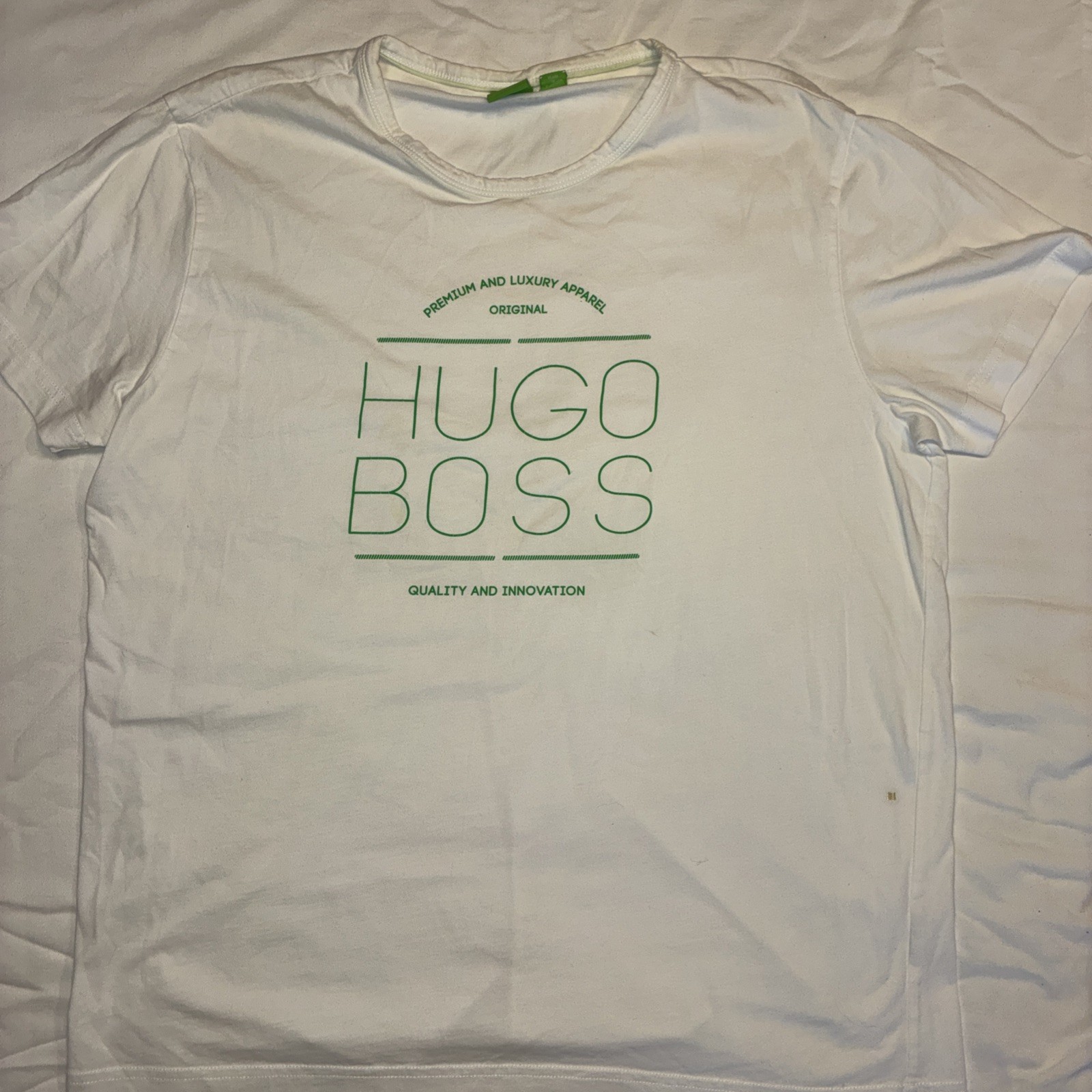 Hugo Boss White Graphic T-Shirt GREEN LABEL INNOVATION LOGO – Sm Spot On Front