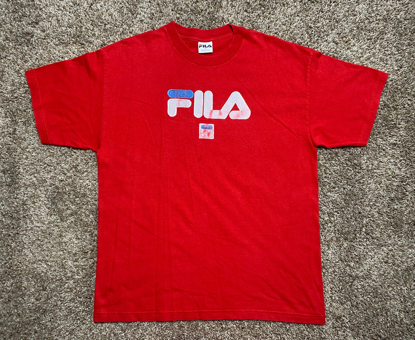 VTG 90s FILA T-Shirt Men XL Spell Out Logo Red Streetwear Made in USA Distressed
