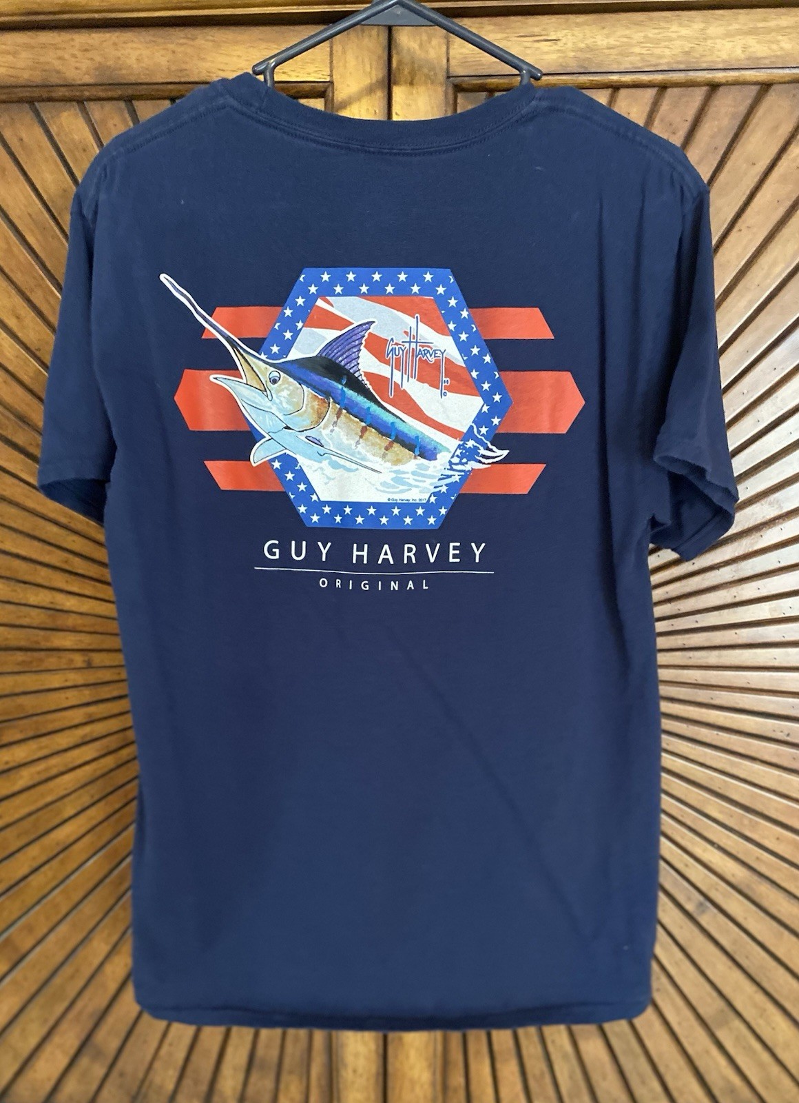 Guy Harvey Shirt Men’s Medium Navy Red, White, Blue Marlin Fish Graphic Pocket