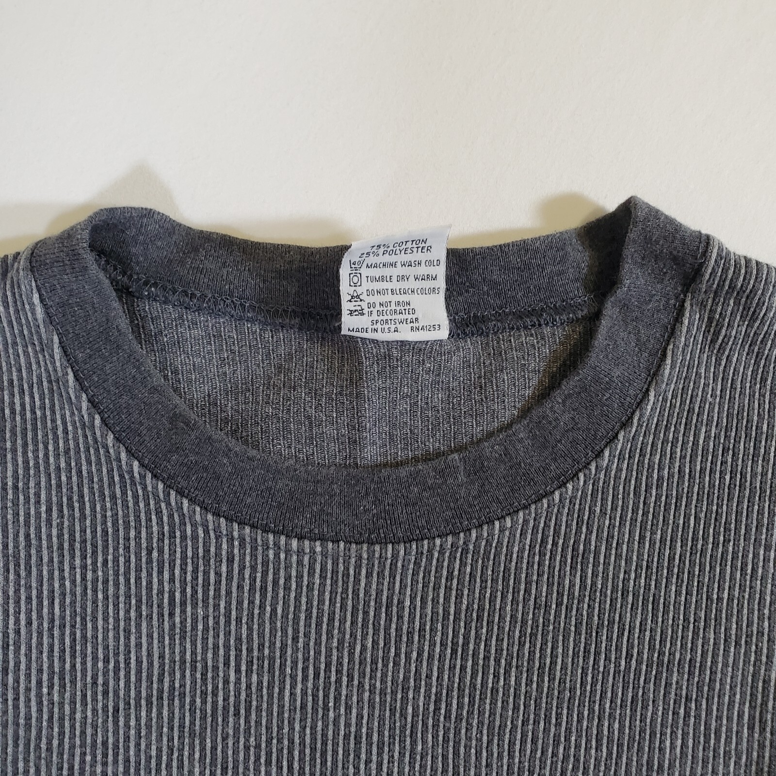 Cal Cru Gray Ribbed Polycotton Made in USA VTG 80s 90s XL TShirt T-Shirt Top
