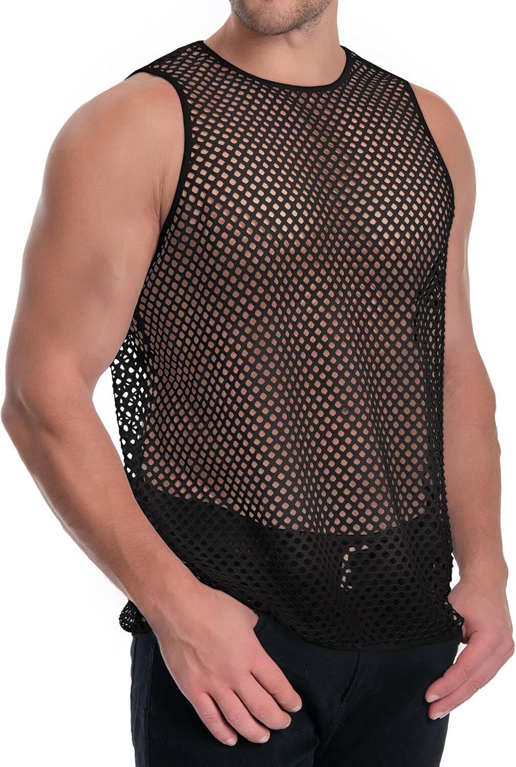 Men’s See Through Mesh Muscle Tee Fitted Sleeveless Clubwear Top Breathable