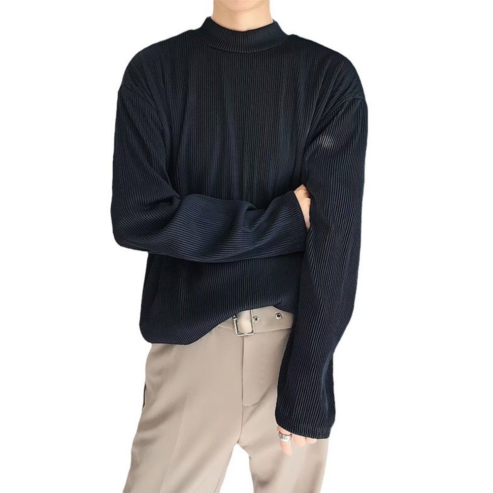 Mens Casual Pleated Drape Half Turtleneck T Shirt for Daily Wear and Commuting