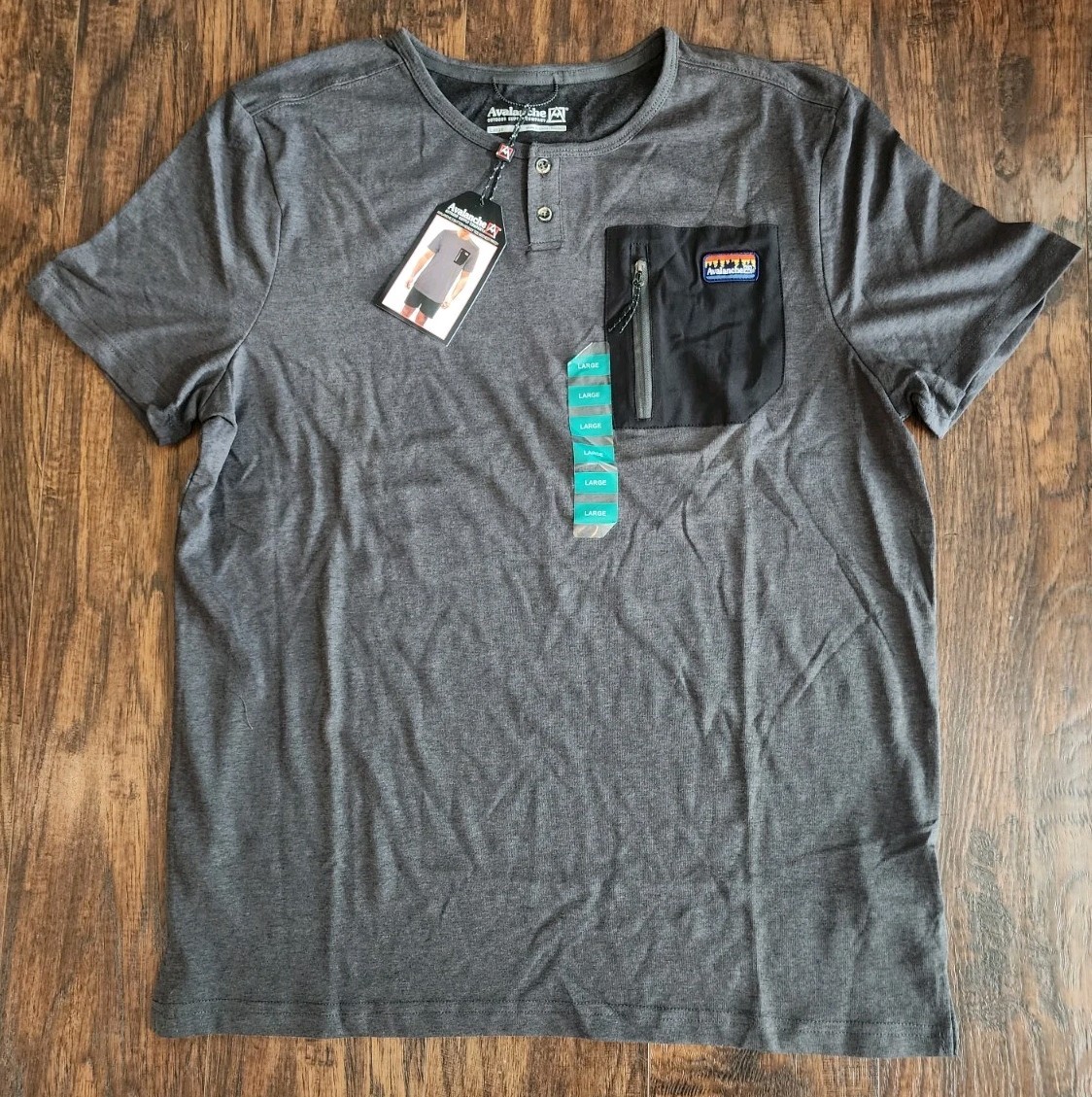 Avalanche Shirt Mens 2 Button Henley Tee Shirt W Chest Patch Short Sleeve Gray L