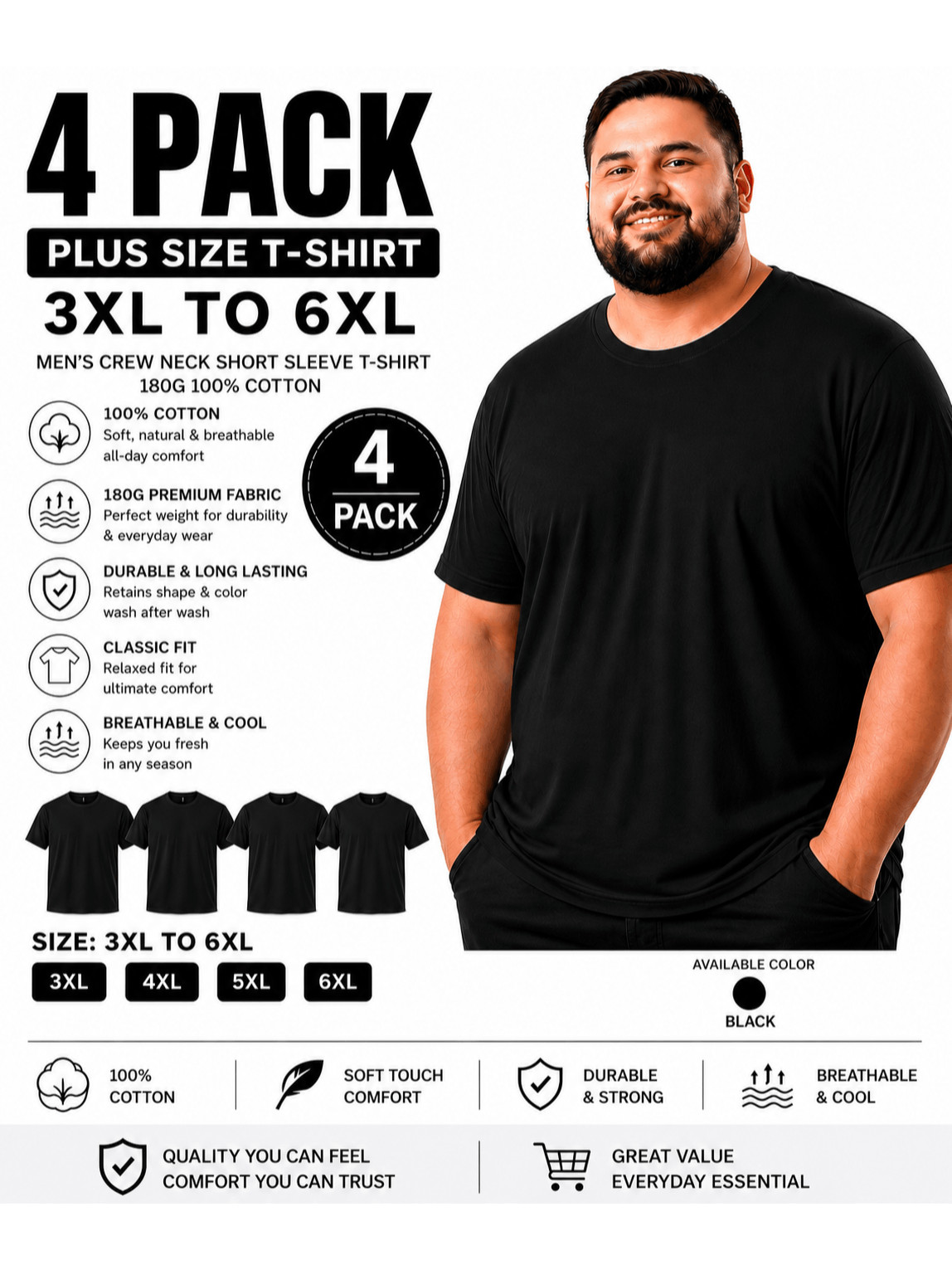 4 Pack Men’s Plus Size Crew Neck Heavyweight Cotton T-Shirts 3XL-6XL Black White