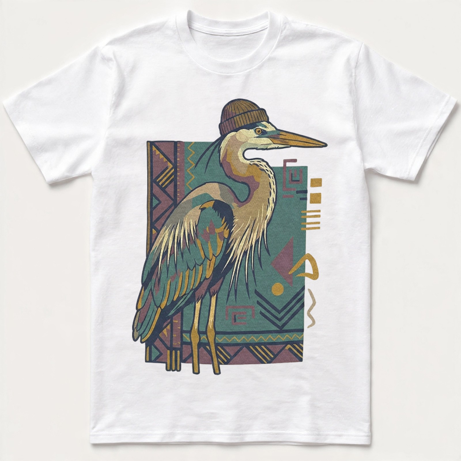 Hipster Heron Bird T-Shirt Beanie Hat Geometric Abstract Art Nature Gift