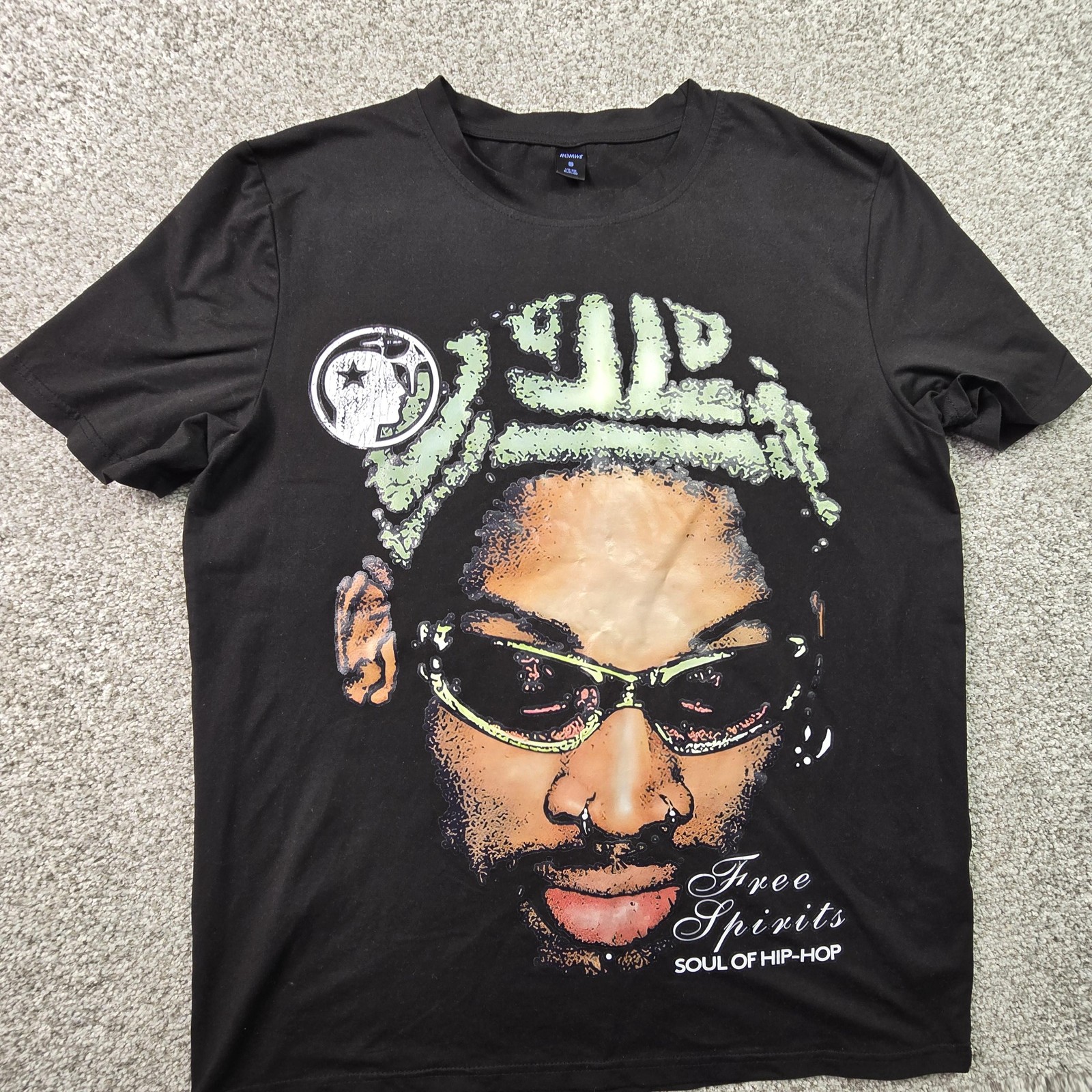 ROMWE Shirt Mens Small Black Free Spirits Soul Of Hip-Hop Graphic Tee Streetwear