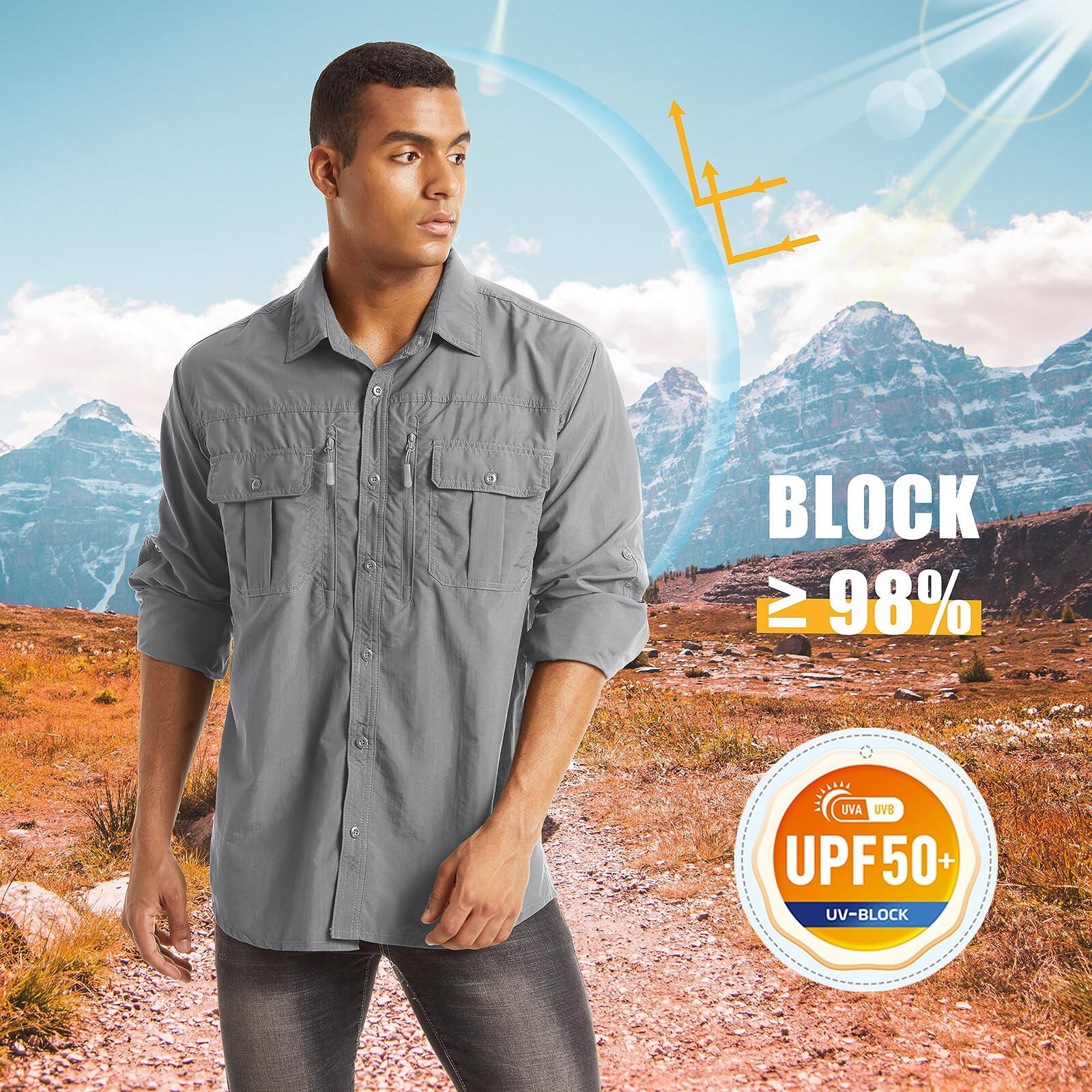 UPF 50+ Mens Quick Dry UV Protection Shirts Long Sleeve Hiking Fishing Work Tops