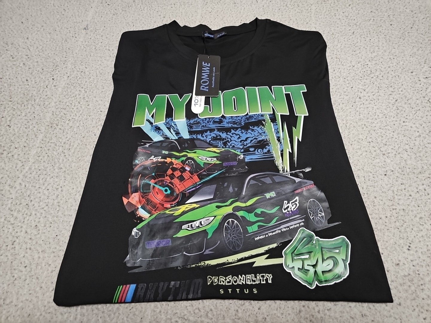 NEW ROMWE “MY JOINT Rhythm Personality STTUS” Black S/S TShirt SZ Medium