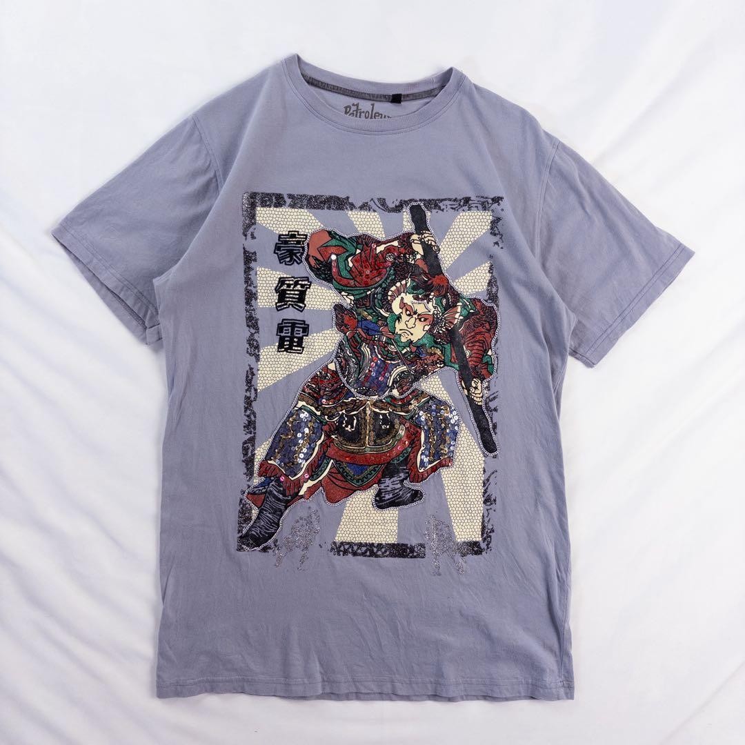 Vintage Petroleum Ukiyo-e Samurai Sequin Beaded Print T-Shirt Ash Purple M