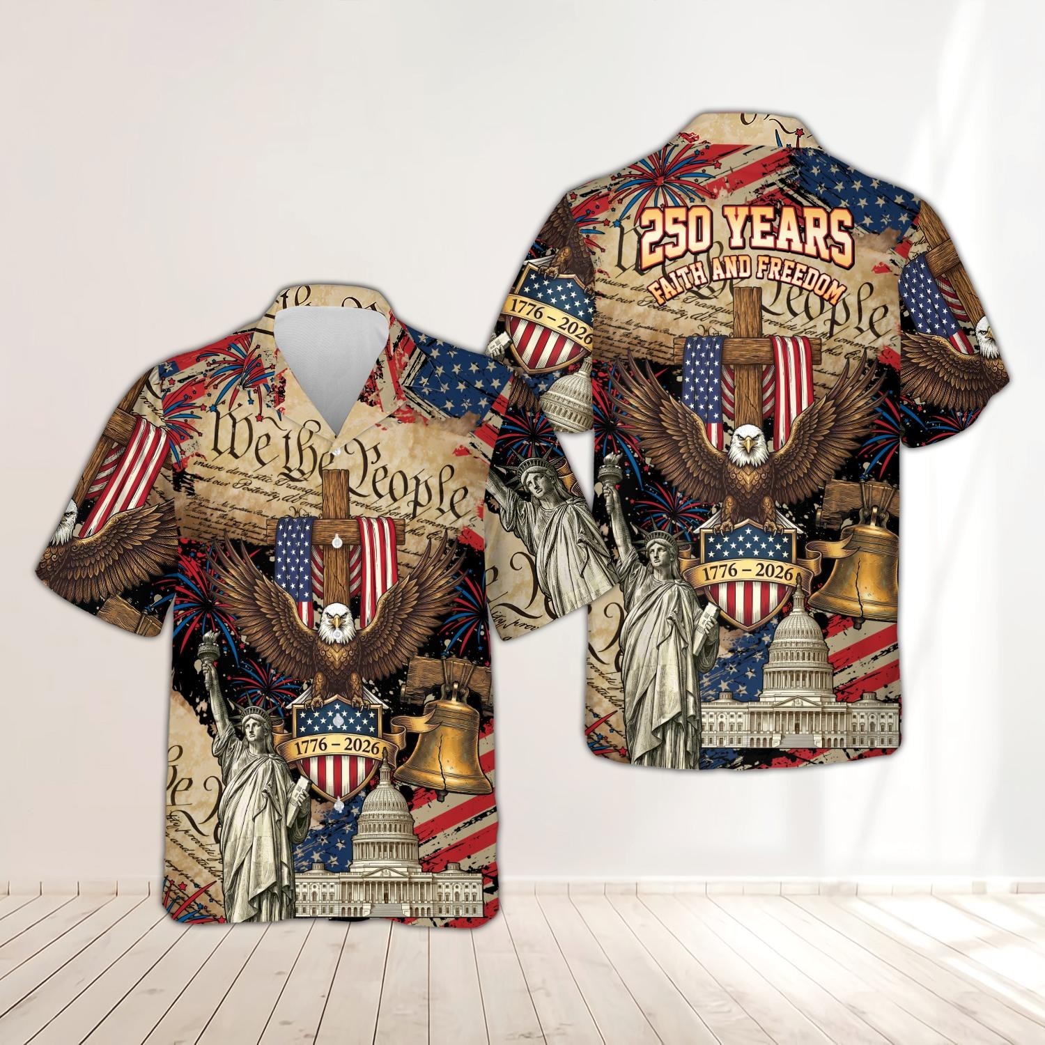250 Years of Freedom Button Shirt, Retro America 250th Anniversary Hawaiian